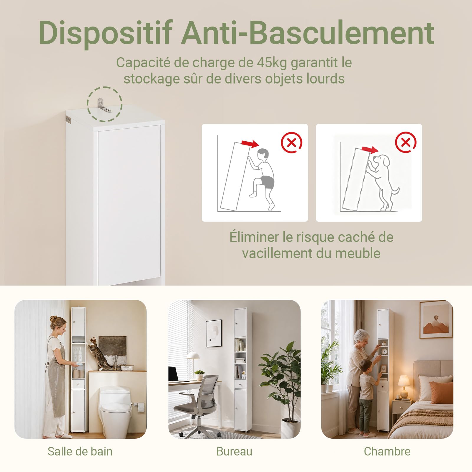 SoBuy Meuble Salle de Bain Colonne Salle de Bain 180cm Armoire de Rangement Étroite 20x20cm avec Étagères Réglables et Tiroir - Colonne Gain de Place pour WC, Lavabo, Buanderie Blanc Mat BZR34-II-W