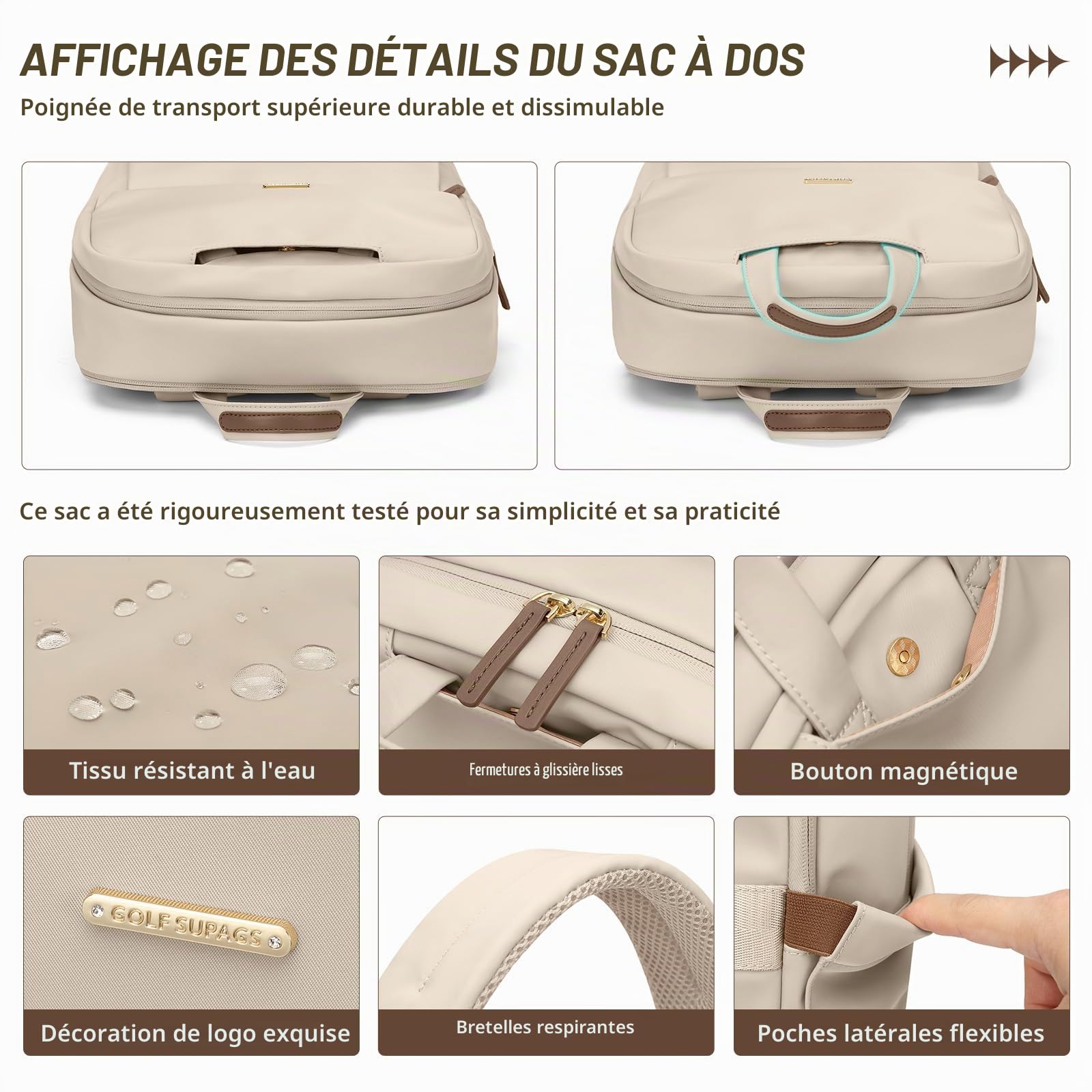 GOLF SUPAGS Sac à Dos Femme, Sac de Jour Décontracté pour le Travail Voyage École, Sac a Dos Ordinateur Portable Fits 15.6 Pouces Notebook