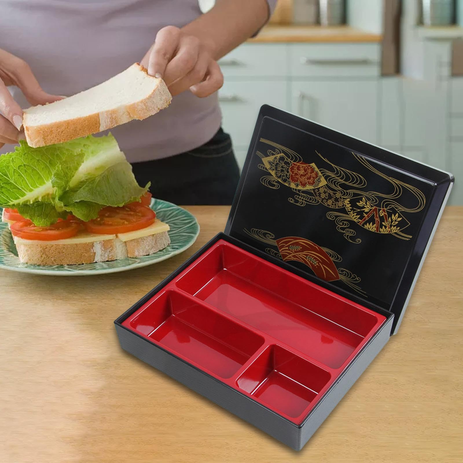 Bento Japonais Boîte à Déjeuner Plateau de Service avec Couvercle Récipient Alimentaire Trois Compartiments Matériau Facile à Nettoyer Adapté Bureau