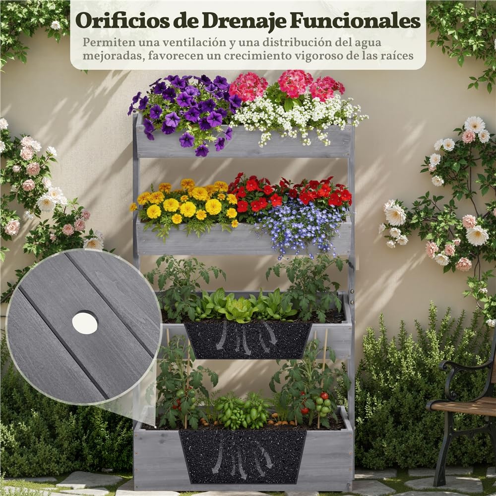Yaheetech Vertikal Hochbeet mit 4 Etagen, 84,5×45×140,5 cm Pflanzbeet mit Entwässerungslöcher & Pflanzvlies, Tannenholz Wetterfest, Frühbeet Gartenbeet Kräutertreppe für Garten Balkon, Grau
