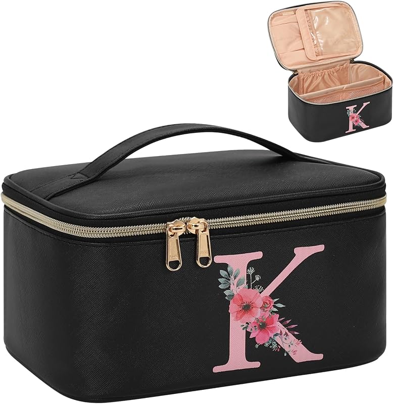Necessaire de maquiagem OCHEAL preta com monograma, porta-pincéis e bolsos, modelo K
