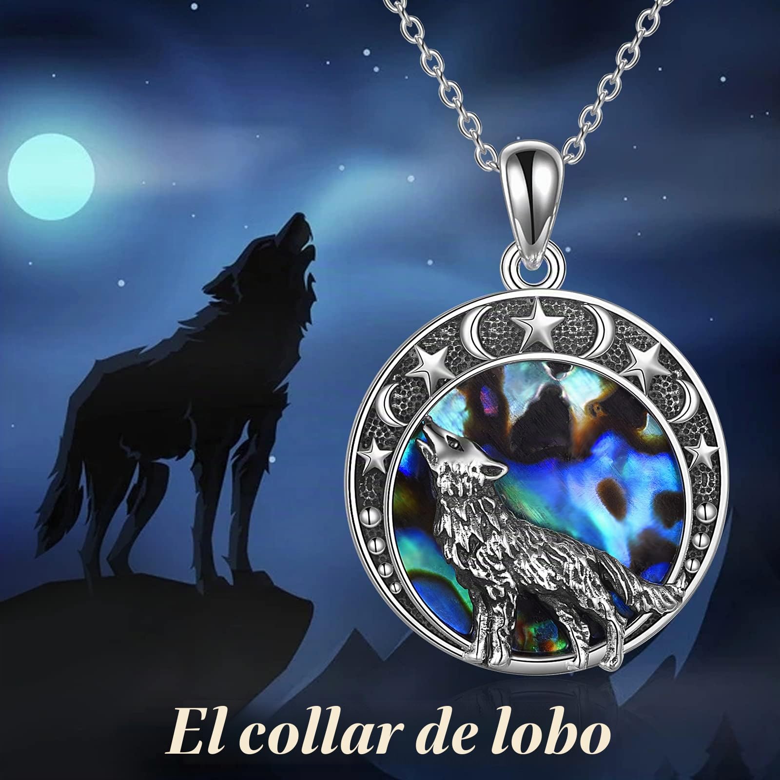 Collar de Lobo, Joyería Para Mujer, Collar con Colgante Vikingo de Luna de Plata de Ley, Regalos Para Hombres y Niñas