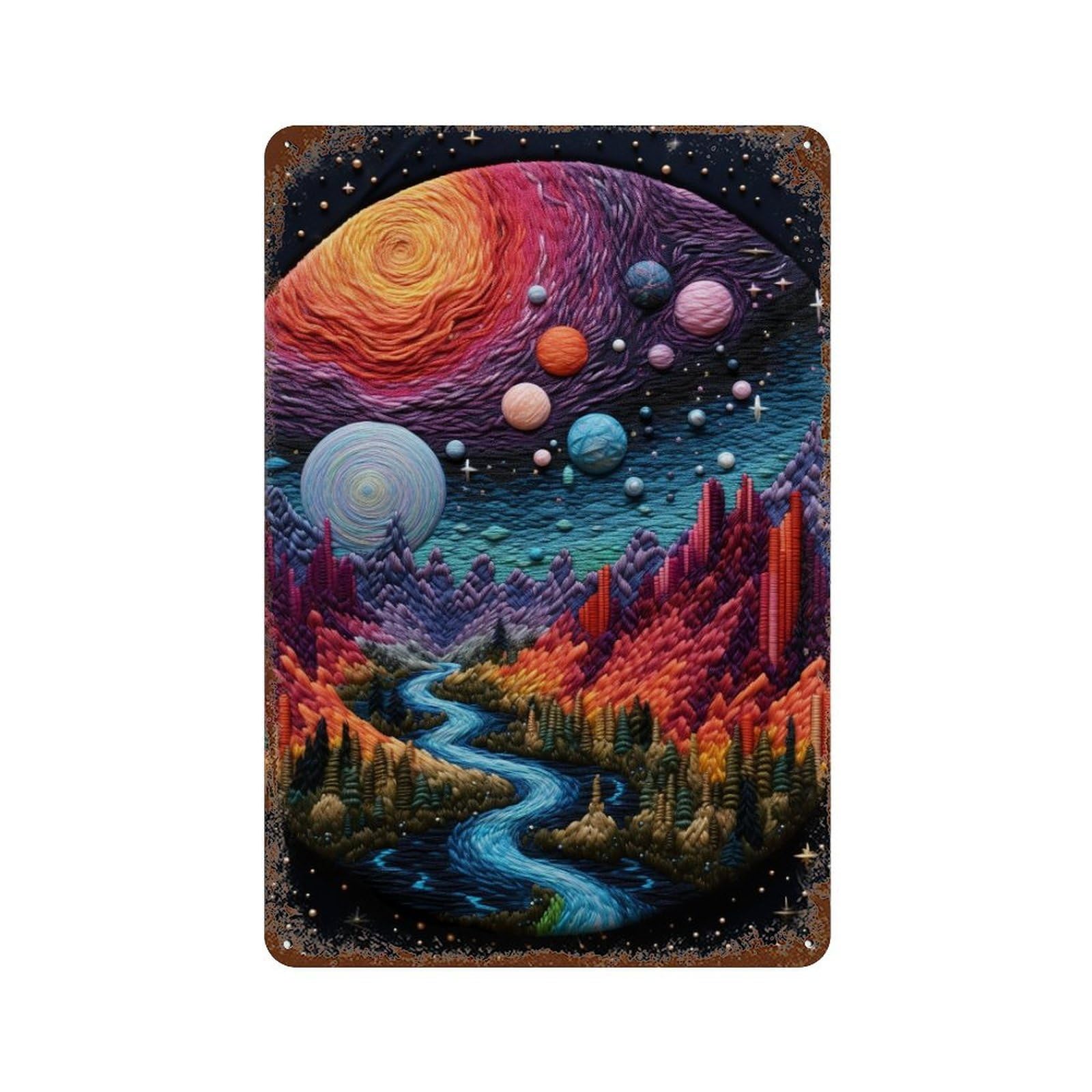 Vintage Rust Metal Sign Cosmic Embroidery Art 11.8"x7.9", Novelty Wall Decor for Garage, Bar And Workshop Decor