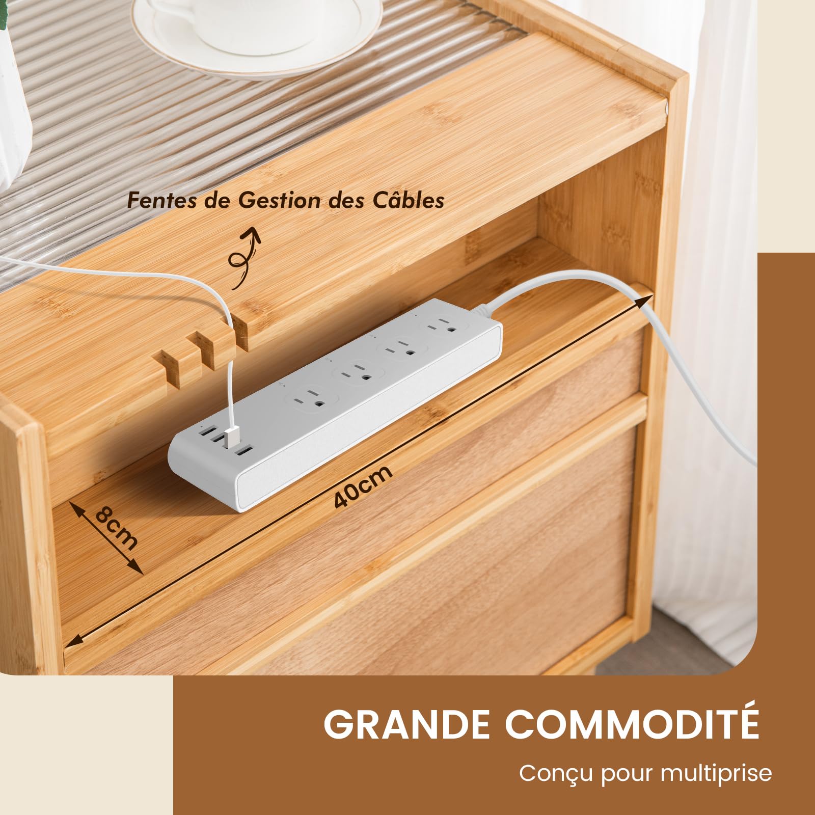 COSTWAY Table de Chevet avec Tiroir, Table d'Appoint en Bambou avec Plateau en Verre, Design Cannage, Grand Compartiement, Pieds en Bois Massif, Table de Nuit Bohême, 43 x 35 x 50 cm (1, Jaune)
