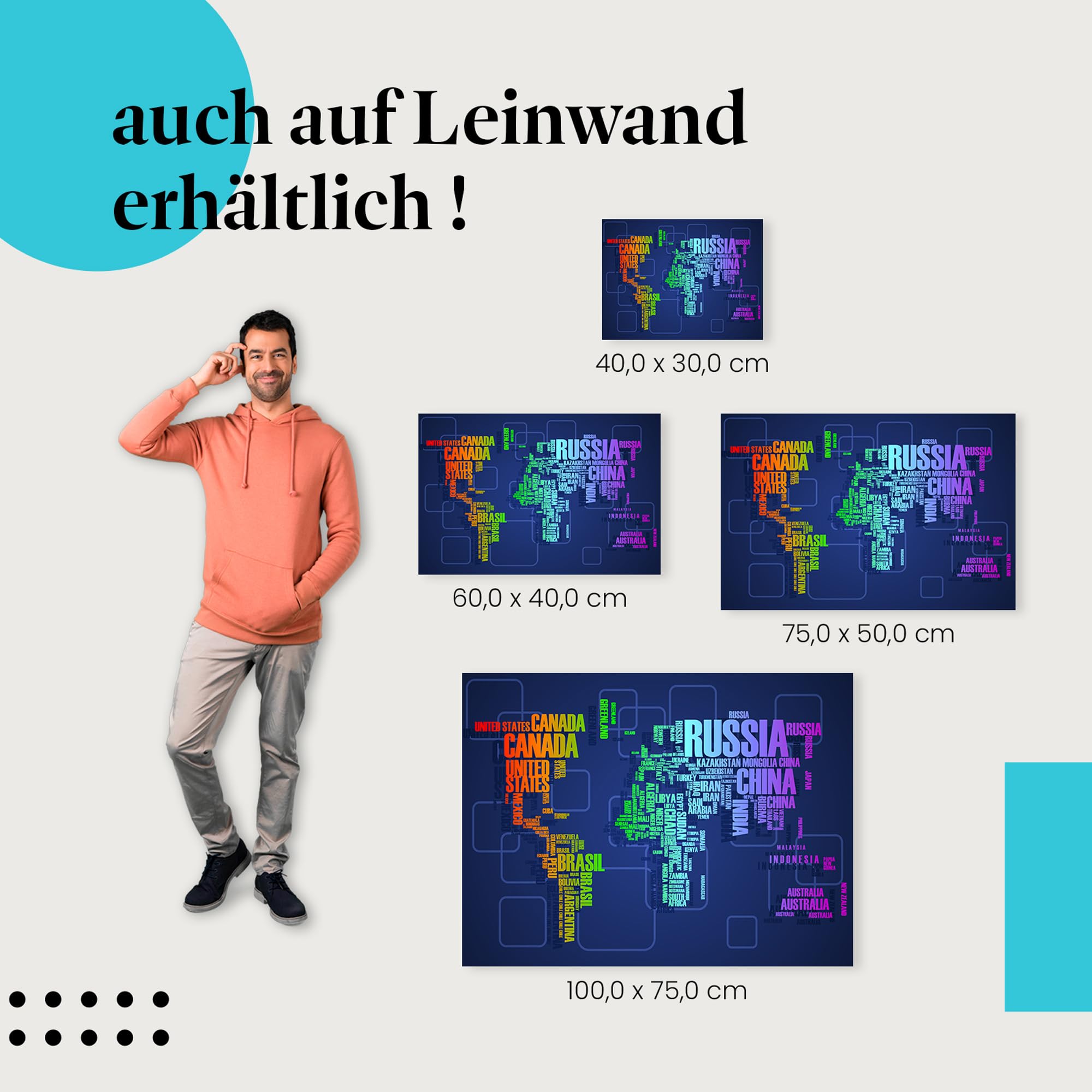 Postereck - 0925 - Moderne Schrift Welkarte, Bunt Länder Kontinente - Unterricht Klassenzimmer Schule Wandposter Fotoposter Bilder Wandbild Wandbilder - Leinwand - 100,0 cm x 75,0 cm