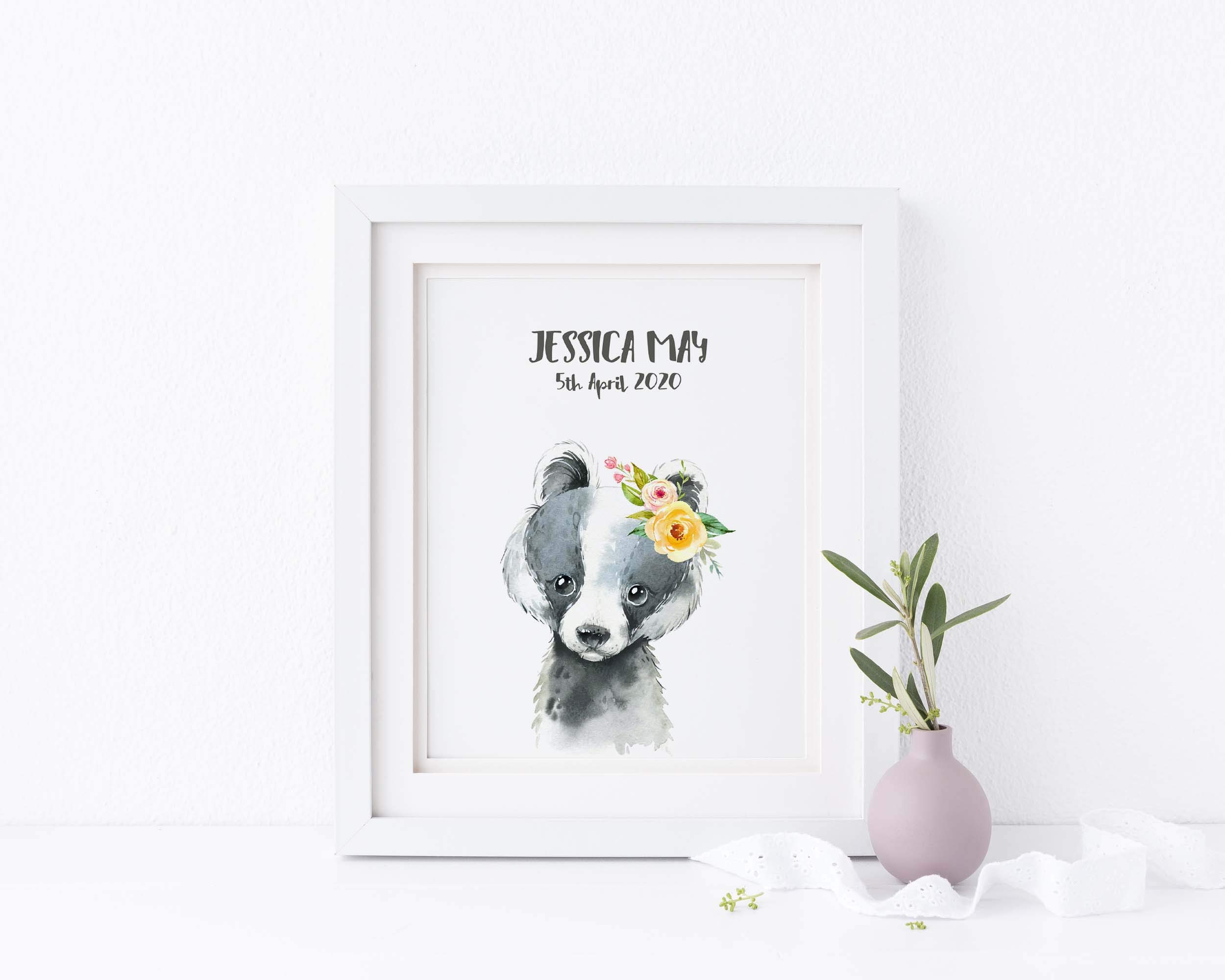 Personalised Nursery Decor Badger Print, Kids Room Custom Name Wall Art, Baby Bedroom Accessories