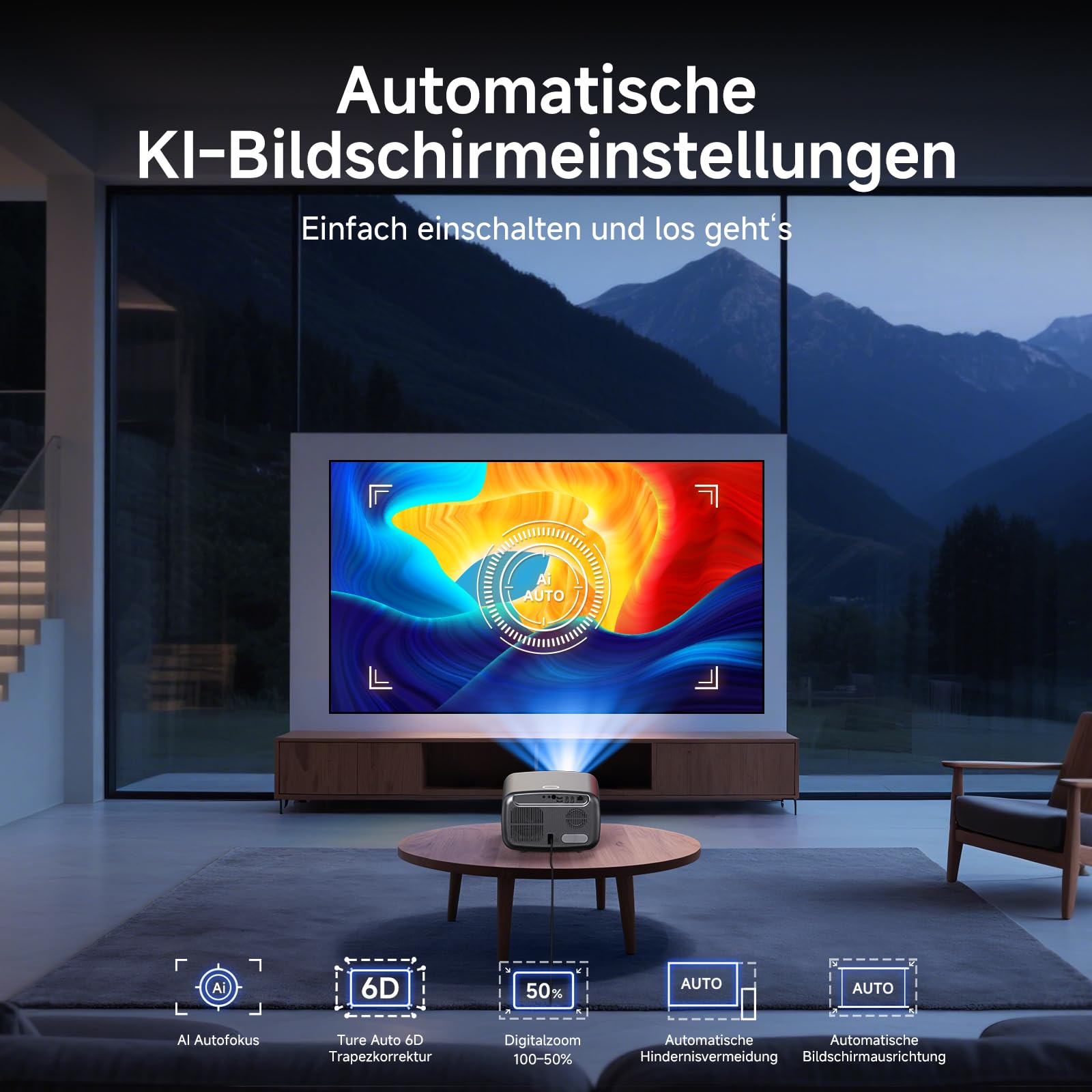 4K Smart Beamer mit Netflix & Dolby Audio, 1500 ANSI, Autofokus – iSinbox | Heimkino Projektor mit HDR10+, Staubgeschützt, 6D Keystone, WiFi 6 & Bluetooth | Für Wohnzimmer, Garten & Camping