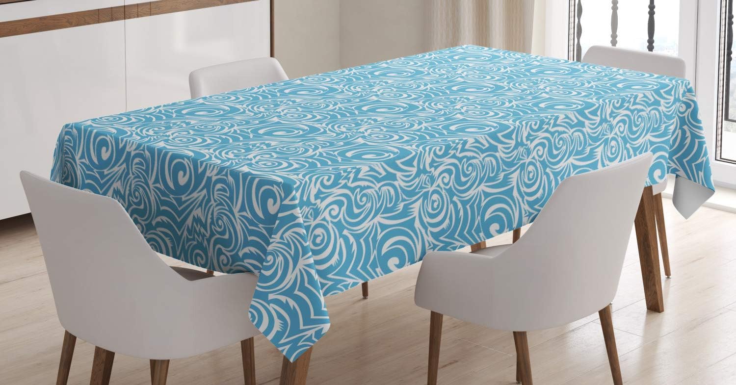 Ambesonne Blue and White Tablecloth, Balinese Tribal Tile Art Illustration with Abstract Contour Lines, Rectangular Table Cover for Dining Room Kitchen Decor, 60" X 84", Blue