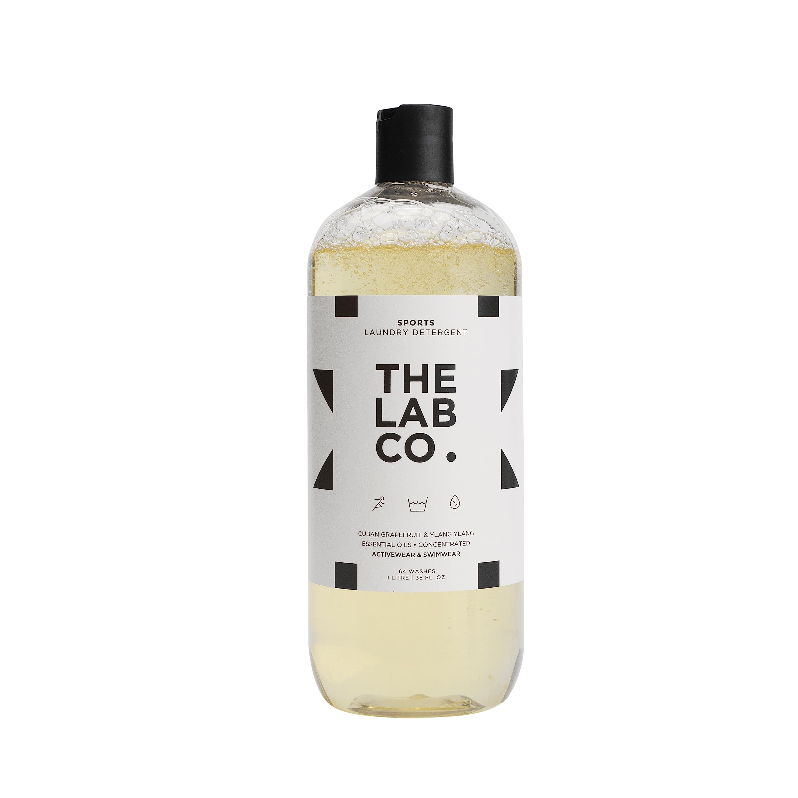 The Lab Co. Sports Laundry Wash. 1 Litre For Up To 64 Washes. Cuban Grapefruit And Ylang Ylang. For Active-Wear And Swimwear. Non-Bio Detergent Suitable For Hand-Wash And Machine Washing.