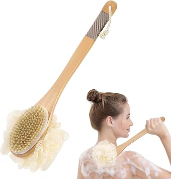 DEBETOOL Shower Loofah with Handle | Wooden Long Handle Shower Body Brush with Loofah for Exfoliating, Natural Loofah Back Scrubber for Women and Men