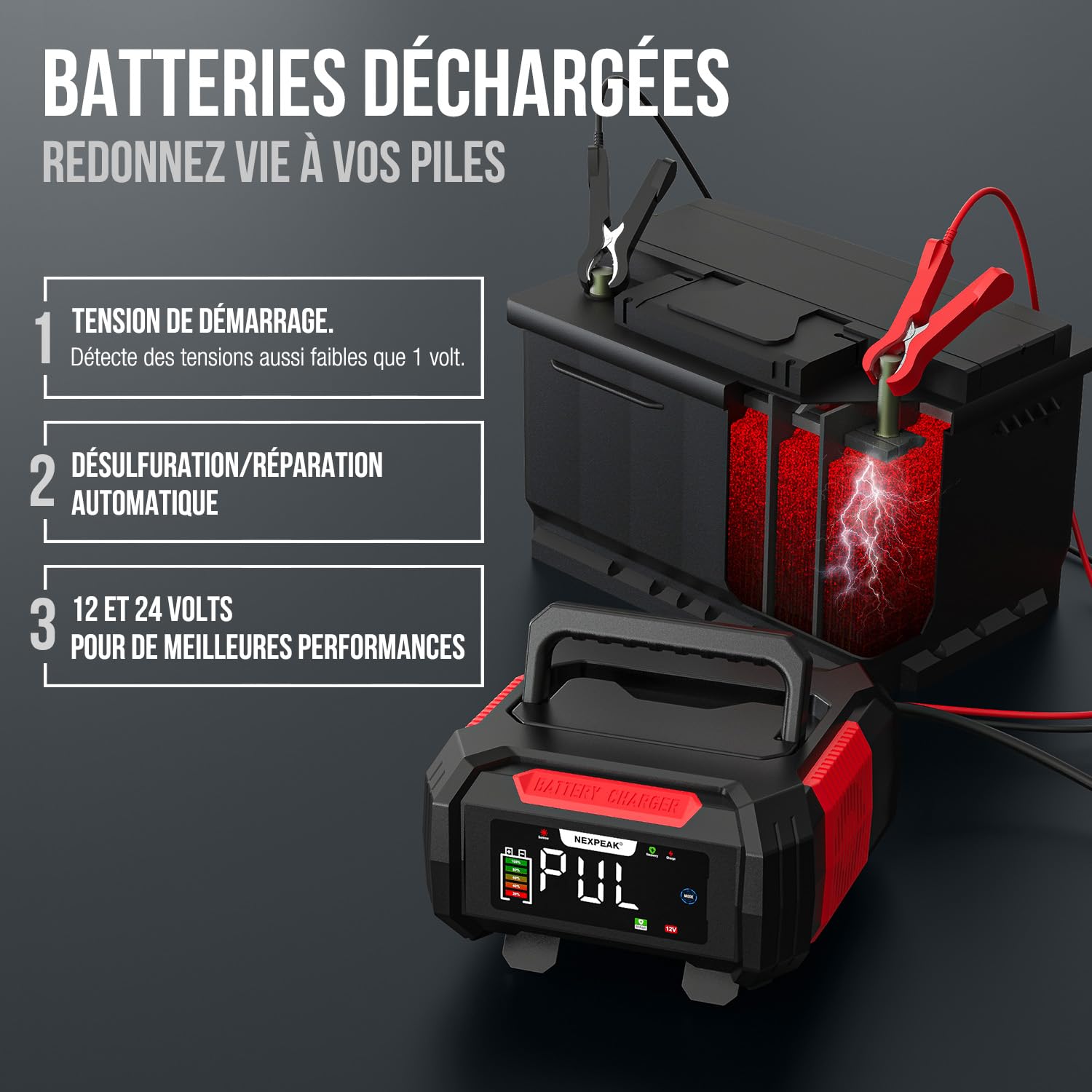 15A Chargeur de Batterie de Voiture, NEXPEAK NC315 12V/24V Chargeur de Batterie Rangement des câbles Intelligent Automatique avec Compensation de Température pour Les Batteries Plomb-Acide et LifePO4
