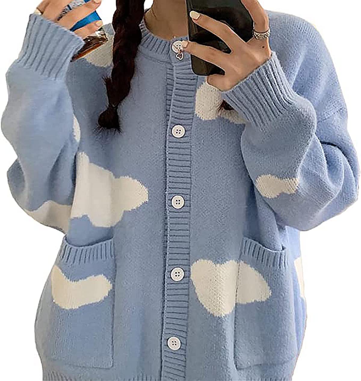 Womens Button Down Crew Neck Cardigan Kawaii Cloud Knitted Sweater with Pockets