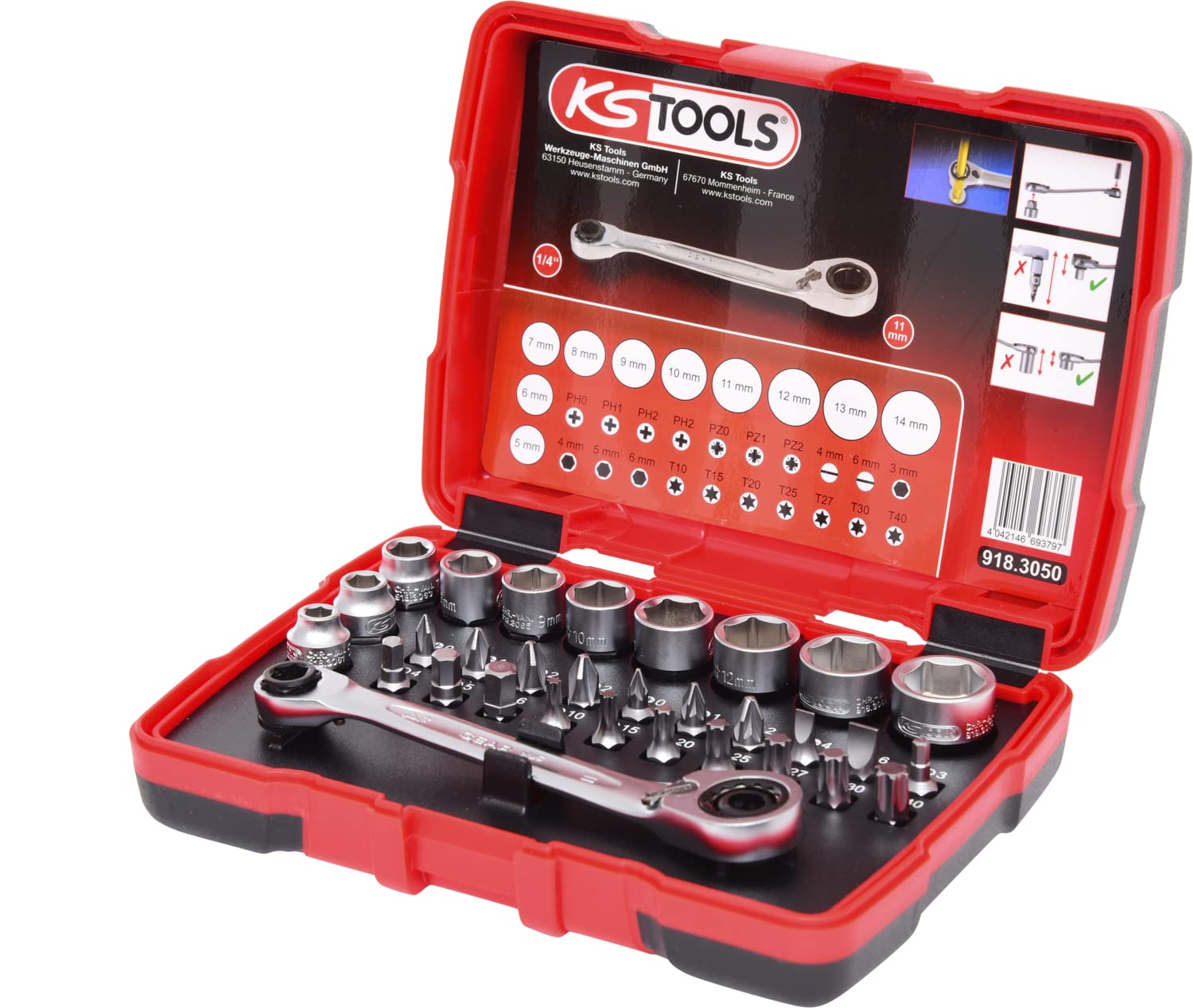 KS Tools 918.3050 1/4" + 11 mm Durchgangs-Steckschlüssel- und Bit-Satz, 31-tlg