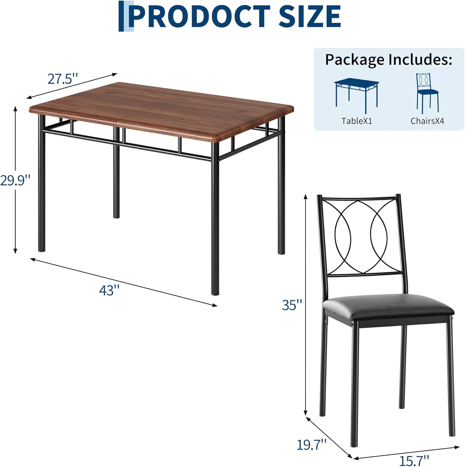 Garvee Dining Table Set for 4, Small Kitchen Table with Upholstered Chairs, Farmhouse Wood Dining Table Chairs for Kitchen Room, Small Spaces, Apartment,Walnut
