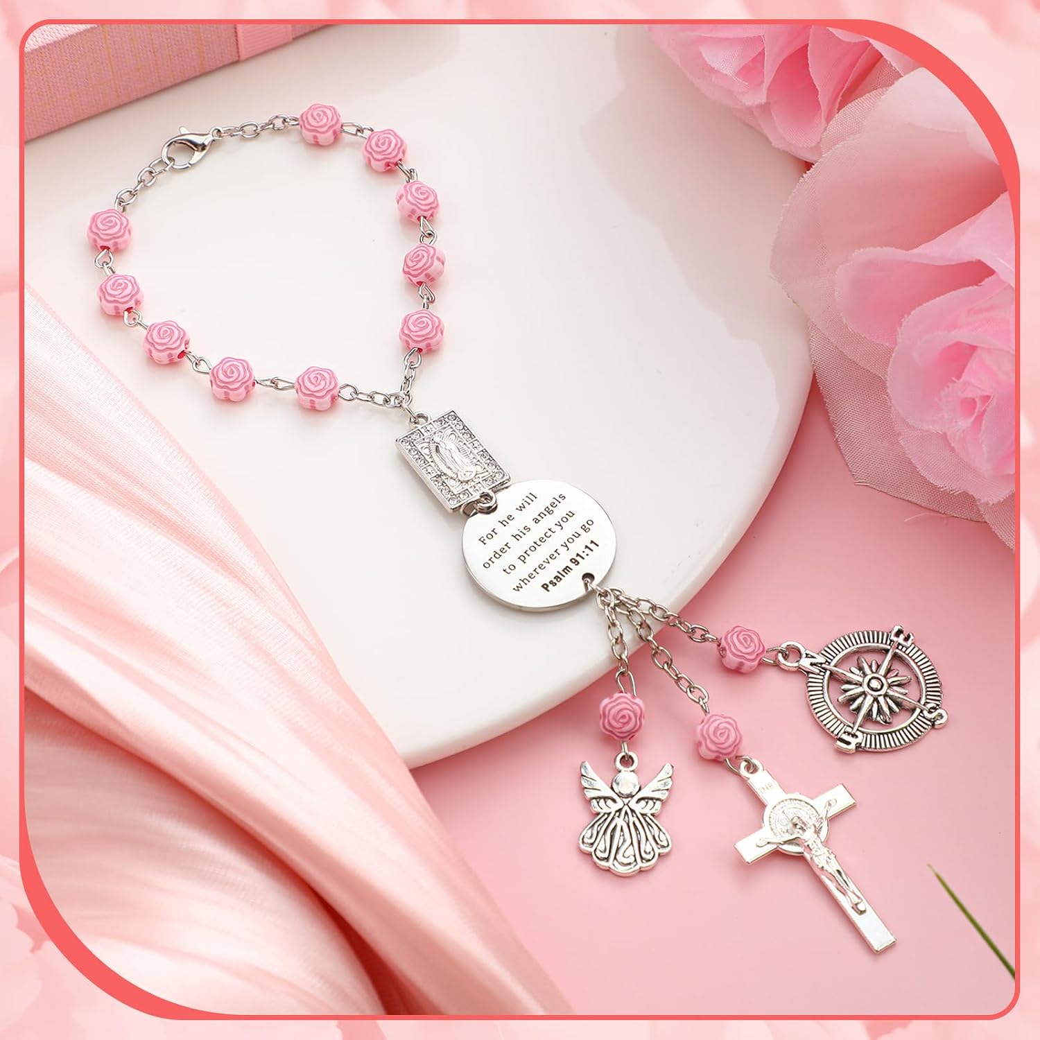 Quelay Car Rosary for Rearview Mirror Cross Car Charm Rosary for Mirror Hanging Psalm 91: 11 Bible Verse Charm Bracelets Religious Gifts New Driver Guardian Angel Gift for Women