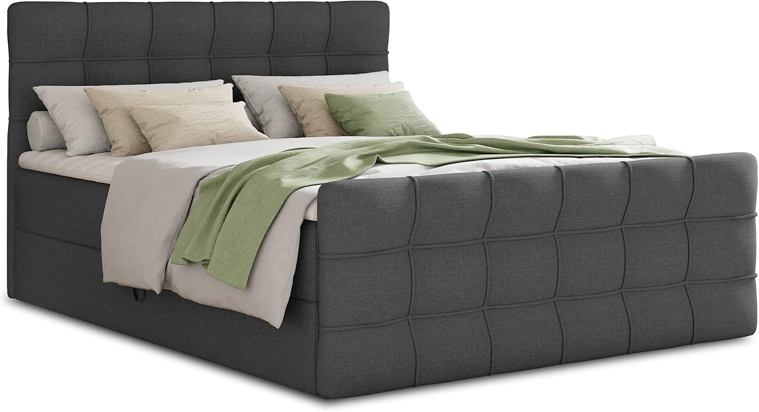 Best Lux Box Spring Bed with Footboard 2 Under Bed Drawers and Toppers Double Bed Bonell Mattress Upholstered Bed Bed Frame Bedroom Graphite Inari 94 160 x 200 cm