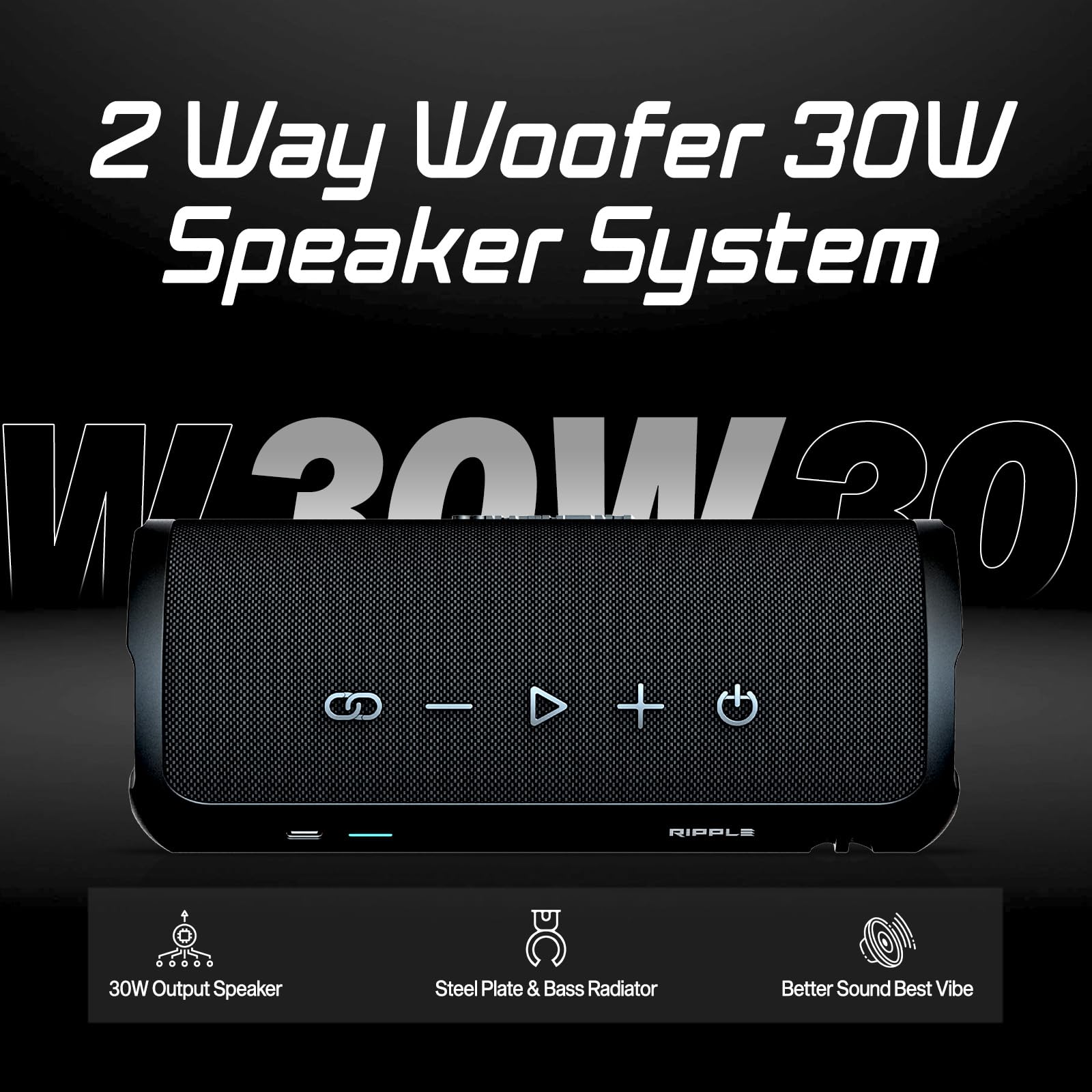 HiFuture Altoparlante Bluetooth portatile Ripple da 30 W - Nero | Impermeabile IPX7, 12 ore di riproduzione, accoppiamento TWS, Bass Boost, ricarica USB-C, design robusto