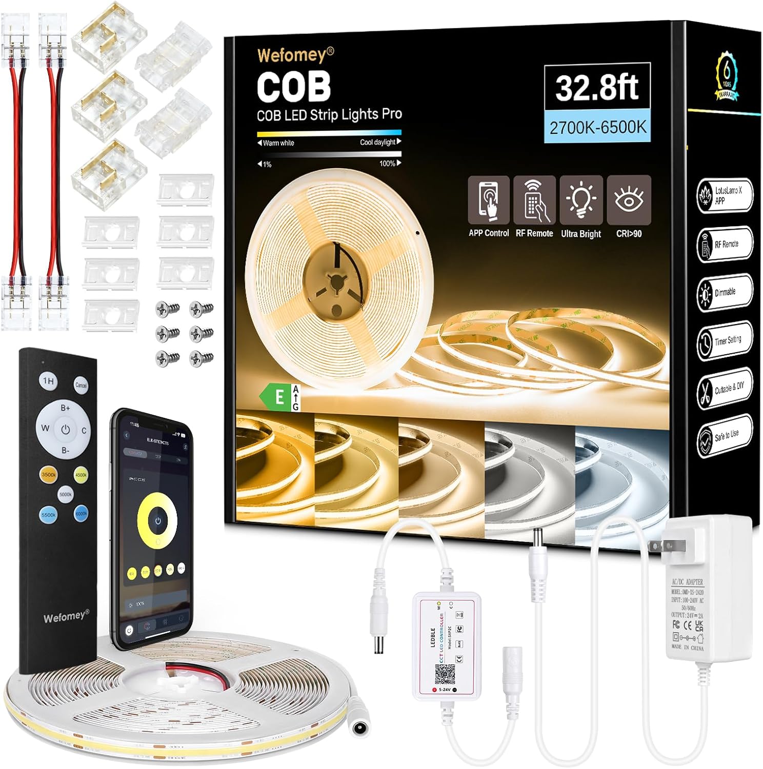 Wefomey COB LED Strip Light White, 33ft Dimmable 2700K-6500K High Density 24V Flexible LED Tape Light with Remote and APP Control, White led Strip Lights for Bedroom Kitchen Christmas Decor