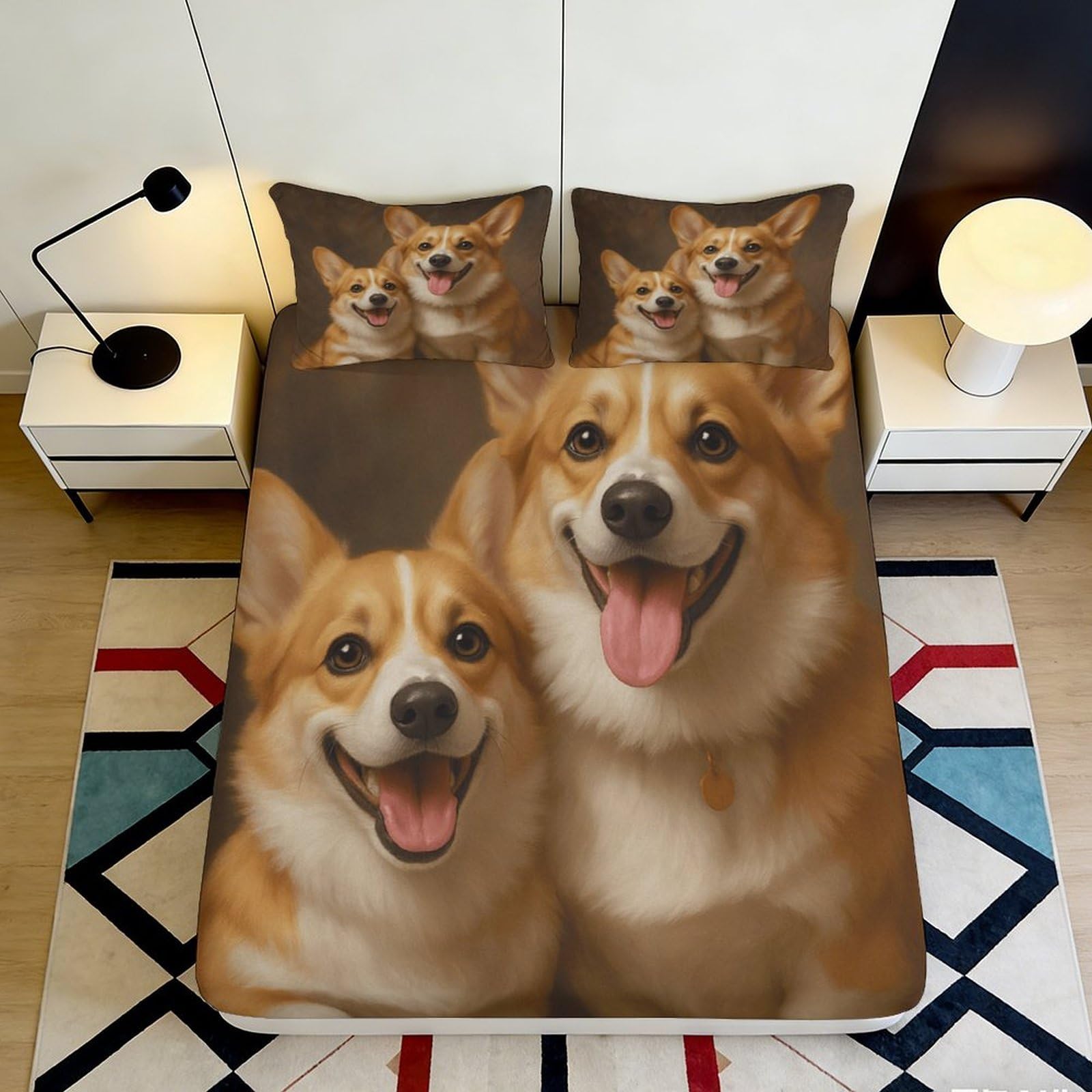 3D Printed Corgi Dog Fitted Sheet Microfiber Soft Brown Pet Cartoon Mattress Cover for Bedroom Guest Room Dorm Decor 90x200x25cm