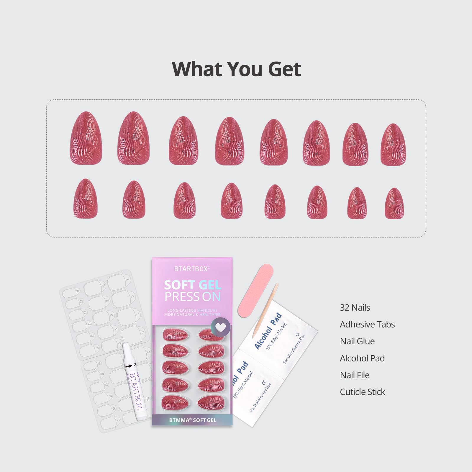 BTArtbox Press On Nails Short - Salmon Pink Press on Nails, Oval Fake Nails with Nail Glue, Reusable Glue On Nails in 16 Sizes Nail Kit, Tomato Tango: BTArtbox Press On Nails Short - 3D Sculpting Red Cat Eye Almond Press On Nails with Glue for Women, Opaque Soft Gel Glue On Nails in 16 Sizes - 32 Stick On Nails Kit, Crystal Wave
