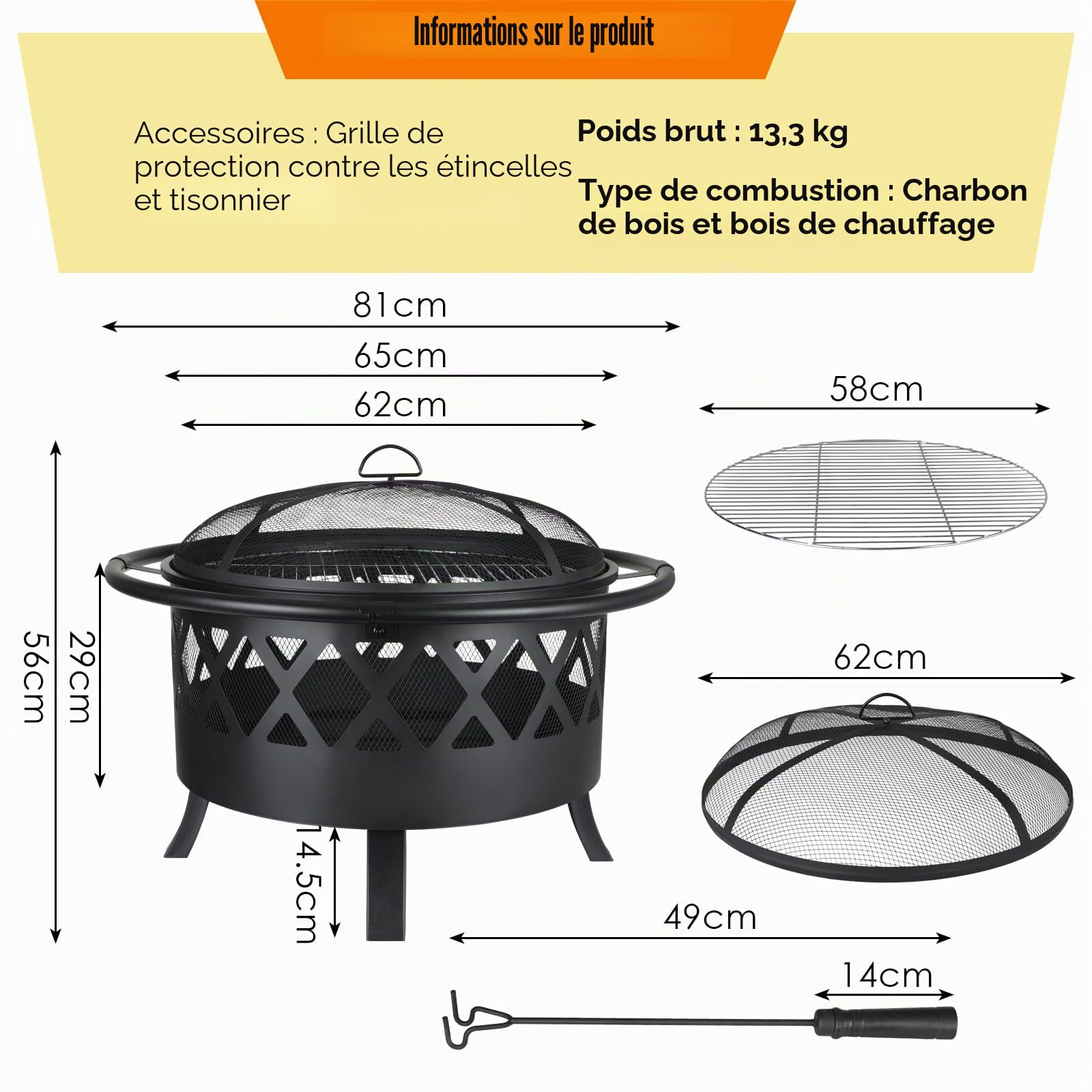 TLSUNNY Brasero Exterieur pour Jardin, Ø 81 cm Foyer, Brasero Barbecue avec Protection Anti-étincelles et Tisonnier, avec Grille de Barbecue, Grande Capacité, Noir