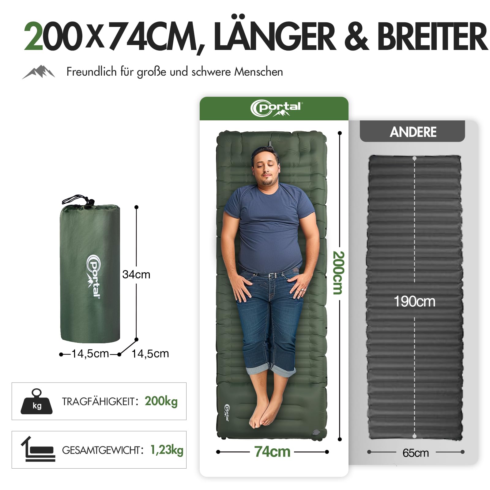 Portal Camping Isomatte 10cm Dicke Luftmatratze Utraleicht 200 * 74cm