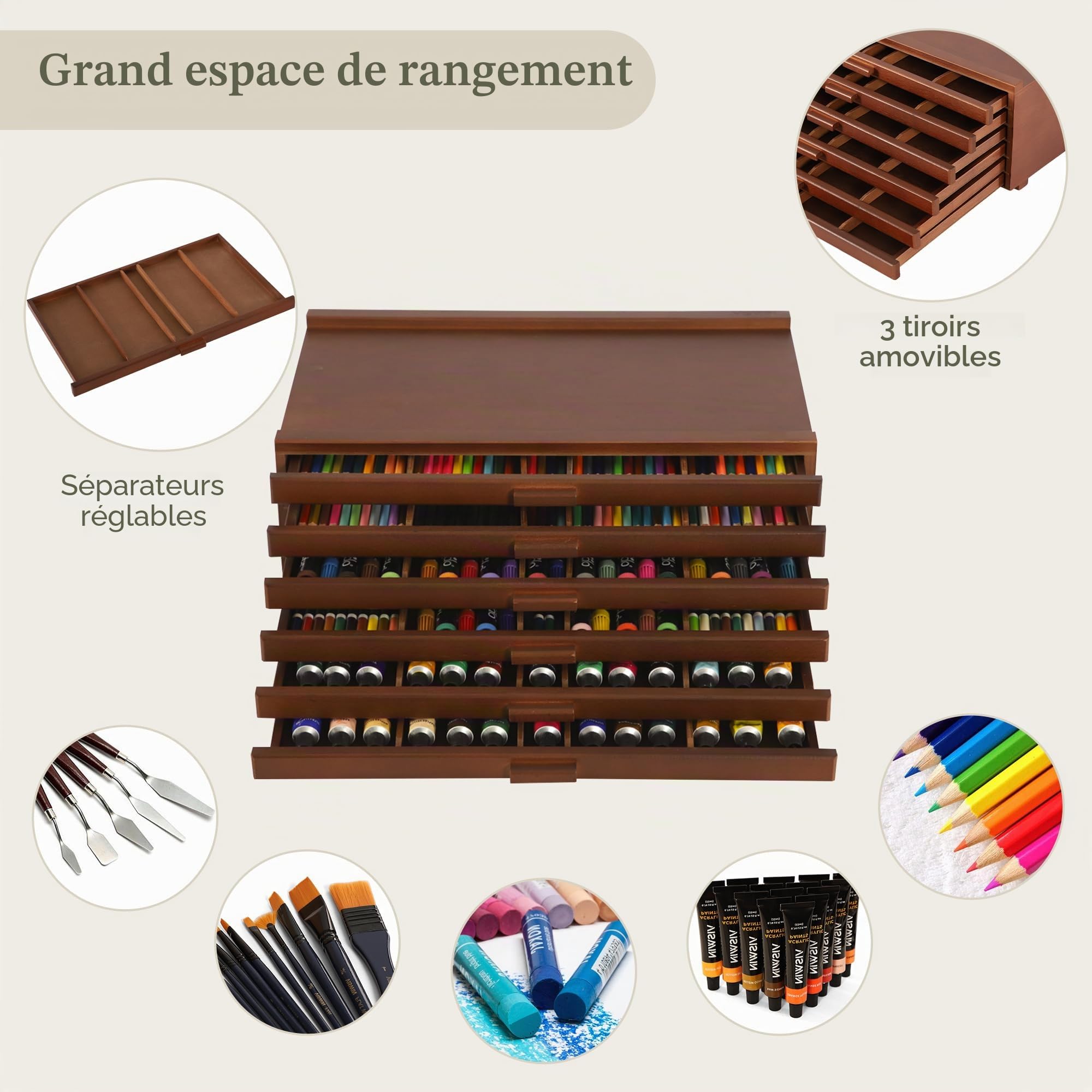 VISWIN Boîte de Rangement en Bois À 6 Tiroirs Pour Fournitures d'Artiste Avec Séparateurs Amovibles, Boîte de Rangement en Bois de Hêtre de Première Qualité, Rangement Pour Fournitures d'Art