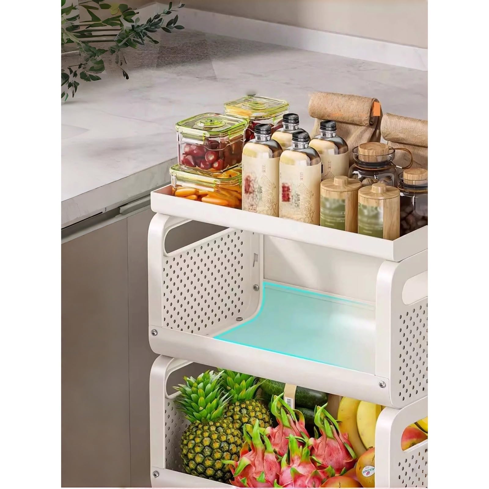 Magazzinaggio Carrello portaoggetti mobile da cucina a 3 livelli, ripiano organizer for cestini for frutta e verdura(Bianco)