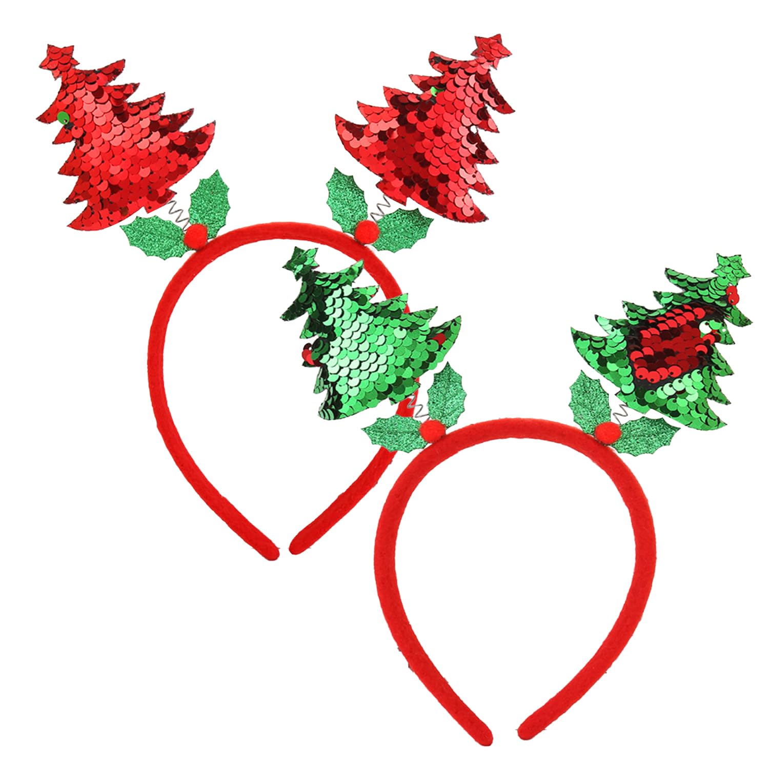 Nereds 2pcs Christmas Trees Hairbands Red Green Double Side Reversible Sequin headband for Christmas Costume Accessory Party Favors