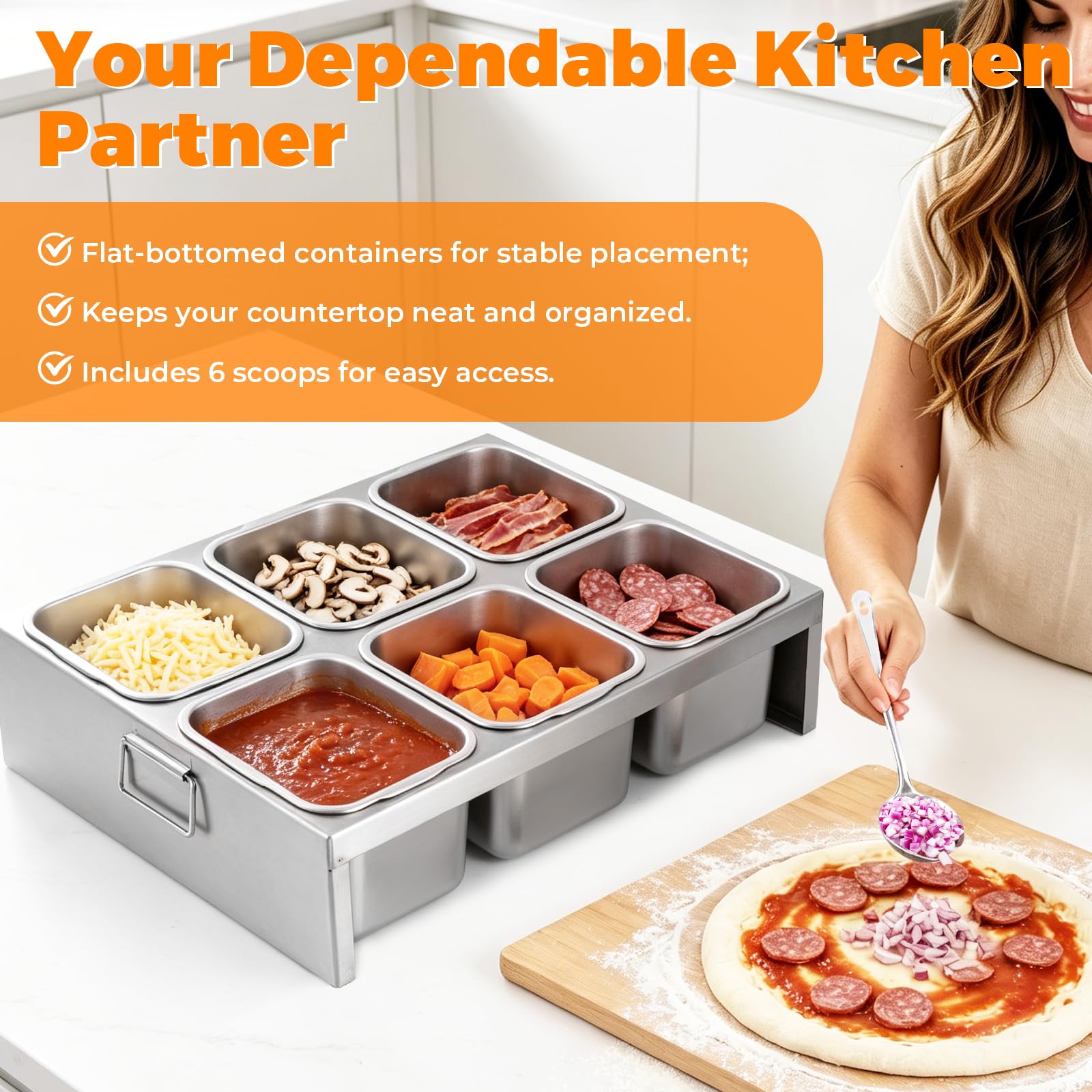YJINGRUI Recipiente para ingredientes para pizza, 6 x 2 l, acero inoxidable, estación para pizza con asas y tapas para preparar salsas, especias, verduras, frutas, etc