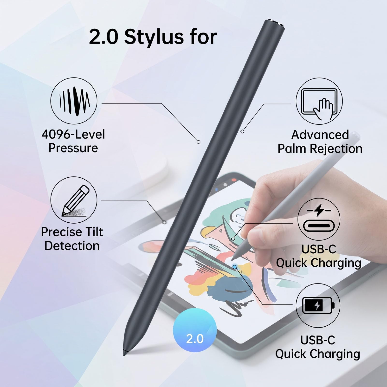 Annadue Lápiz óptico USI 2.0 para Tableta, con Presión 4096 (Black)