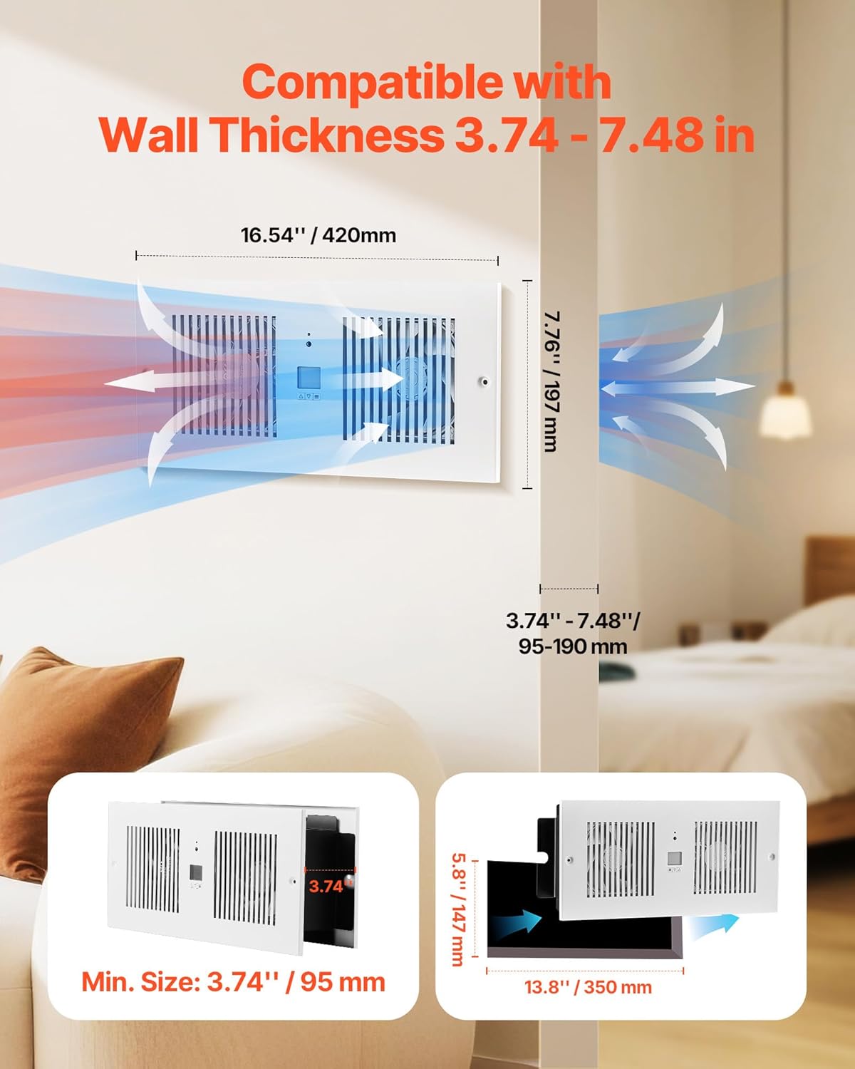 VEVOR Room to Room Fan, Adjustable Dual Airflow Through-the-Wall Fan with Remote & Temperature Control, 300 CFM 10-Speed Ventilation Quiet In-Wall Vent for Living, Laundry Room Indoor 5.8 inch x 13.8 inch, 300 CFM