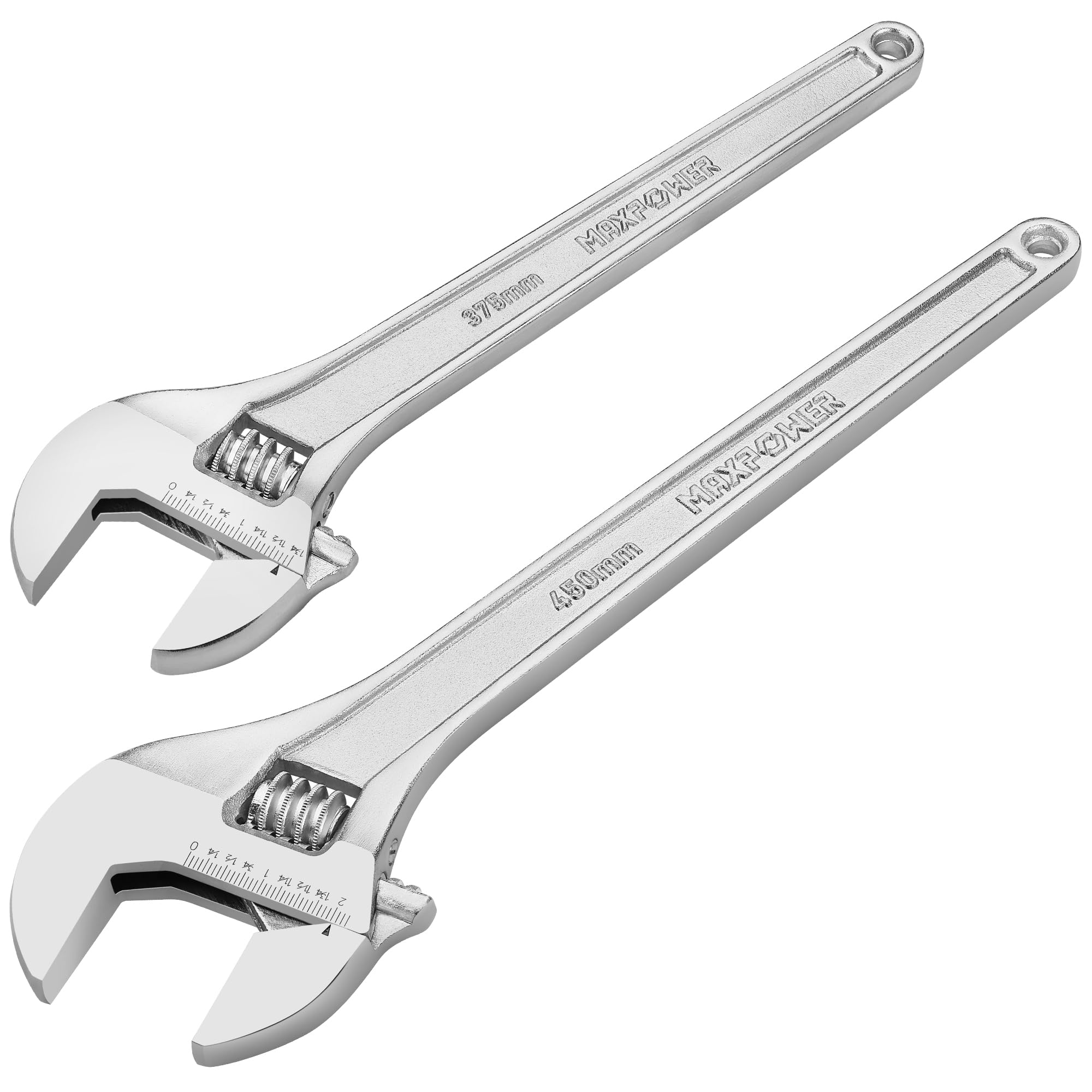 MAXPOWER Llave ajustable de 381 mm y 457 mm, llave de acero Cr-V resistente, escalas métricas y SAE, paquete de 2