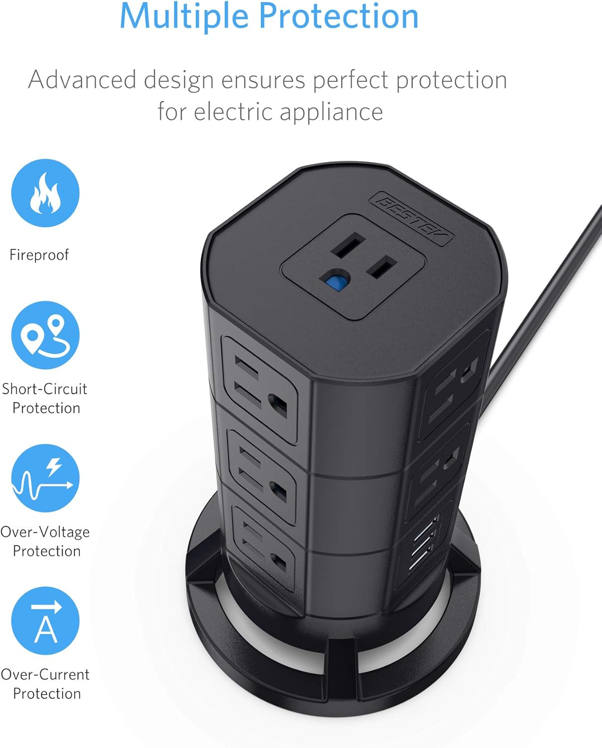 50% Off Discount BESTEK 12 Outlets Power Strip Tower with 3 USB Ports Stackable Design Extend to 14 AC Outlets for PC Laptop Mobiles,6 Feet Extension Cord,Black