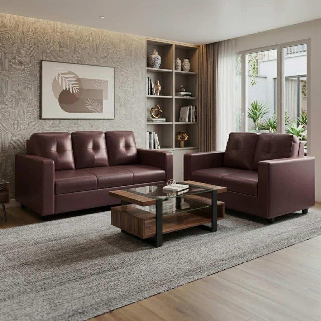 Alvaro Wagon 3+2 Seater Leatherette Sofa Set, Modern 5 Seater Living Room Furniture for Home & Office - Brown-image-40