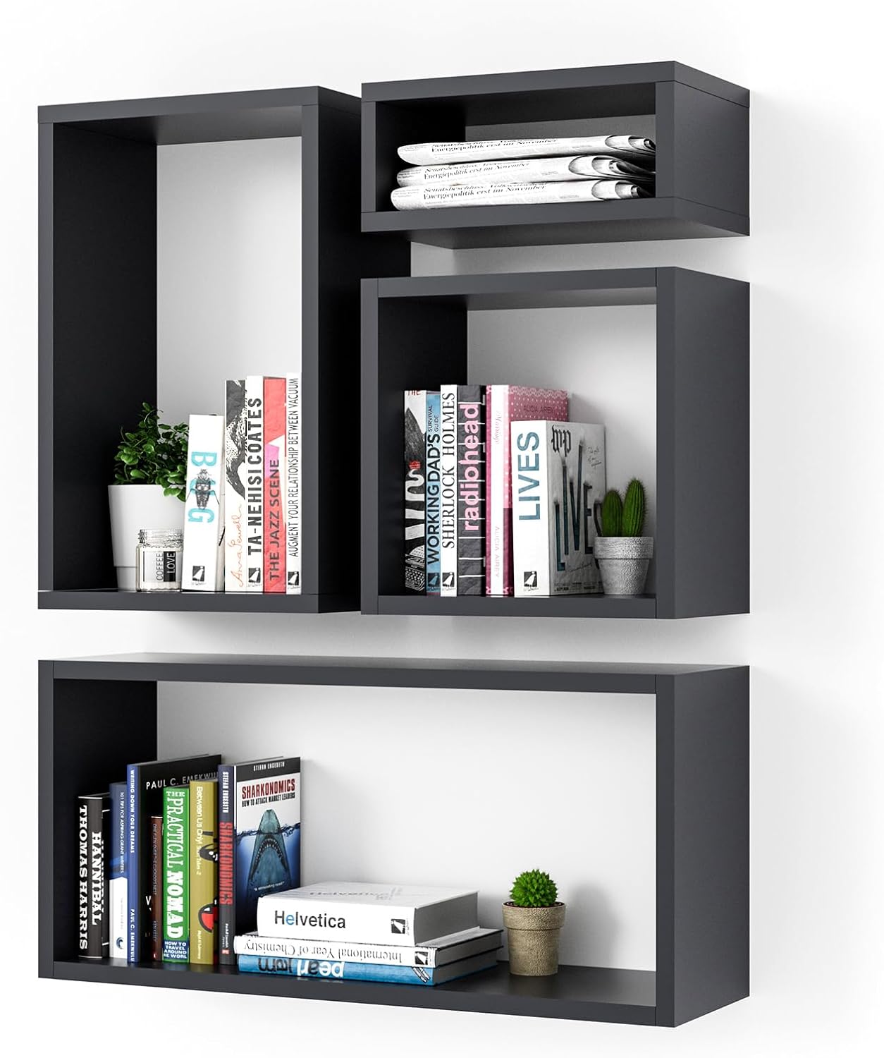 Kaboon Wall Mount Shelf Set of 4, Floating Cube Shelves for Space Discovery Home and Commercial Use, Large Size Shelves Set, Black