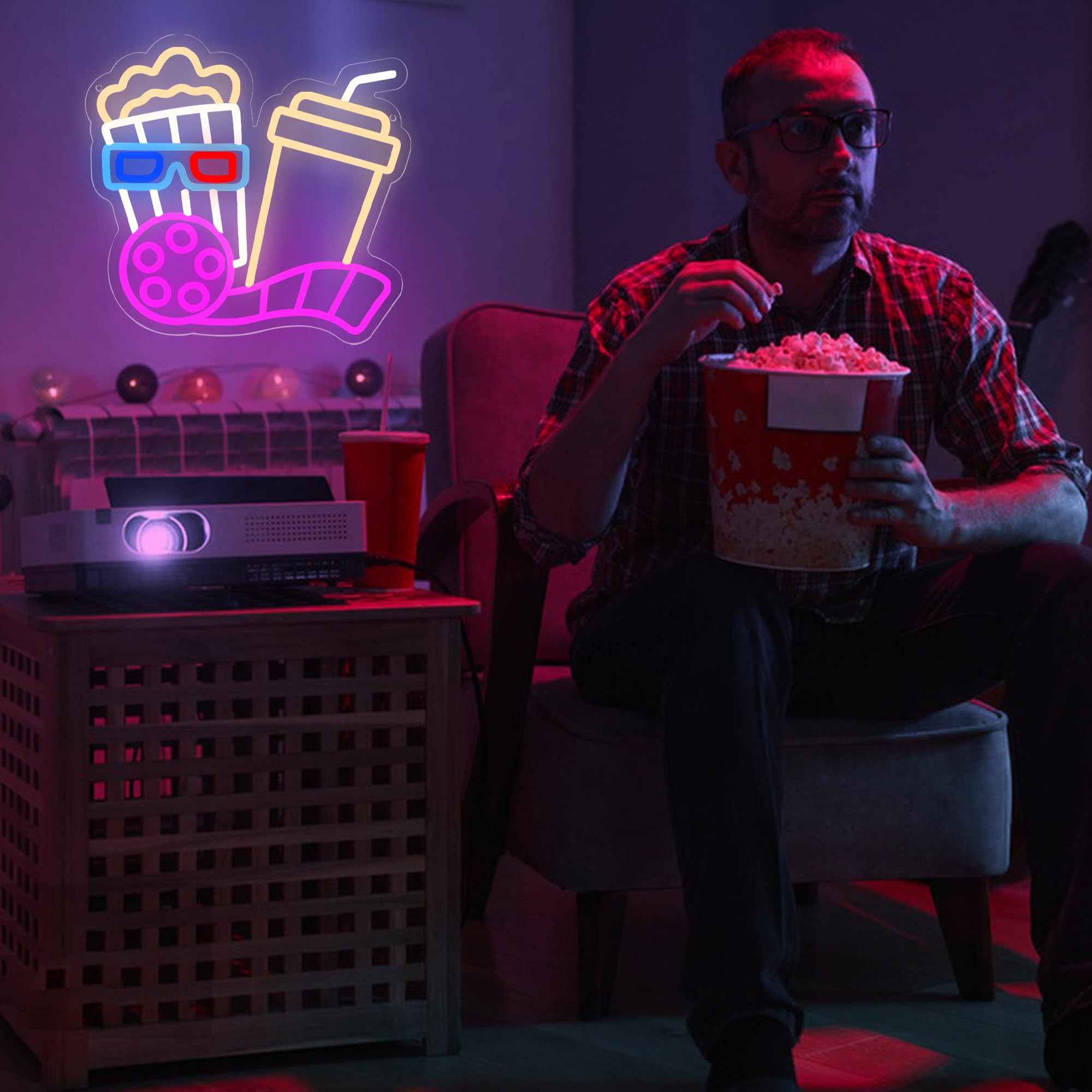 Insegna al neon con popcorn per decorazione da parete, luce al neon a led cinema per cinema, sala cinematografica, cinema, feste, decorazioni notturne per film, 31 x 34,3 cm (D263)