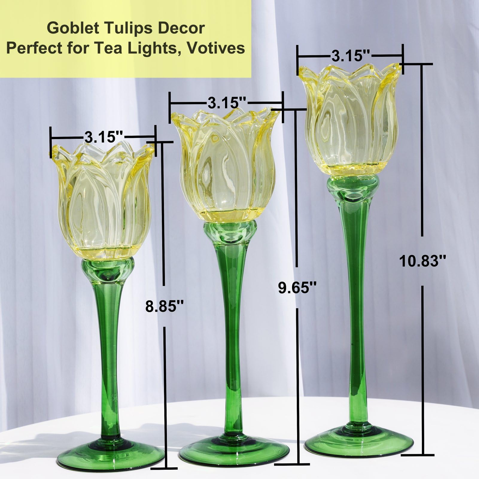 VOHO Lot de 3 bougeoirs en forme de tulipes jaunes pour décoration d'intérieur moderne, cadeau d'anniversaire pour femmes, amies, photophores en forme de tulipe pour centre de table de fête