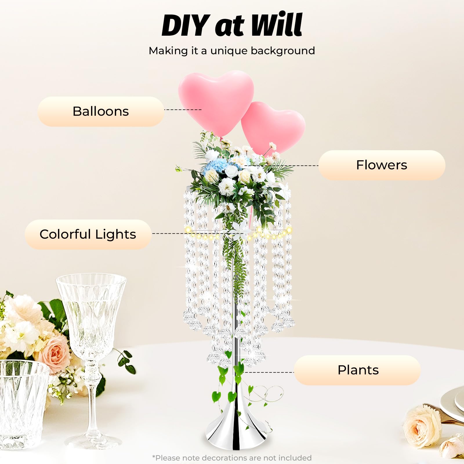 Blumenvase aus Metall und Acryl Kristall für Hochzeit Party Dekoration 55cm Höhe 10er Set