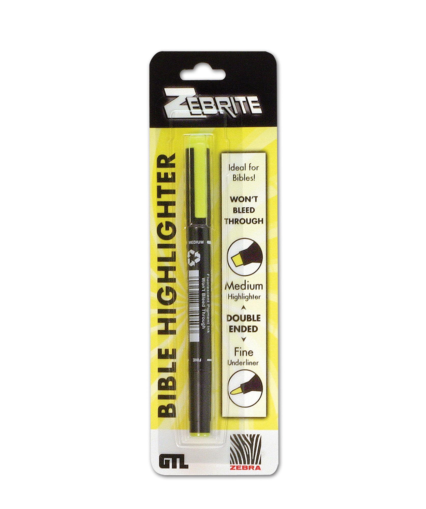 G.T. Luscombe Company, Inc. Zebrite Double Ended Bible Highlighter Set | No Bleed Pigmented Ink | No Fading or Smearing | Double Ended for Highlighting & Underlining |Yellow Ink