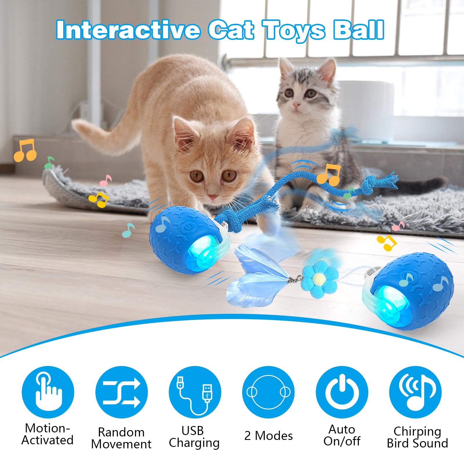LEUCITE Indoor Cat Toys Ball: Automatic Rolling Ball with Motion-Activated Chirping for Engaging Cats -USB Rechargeable