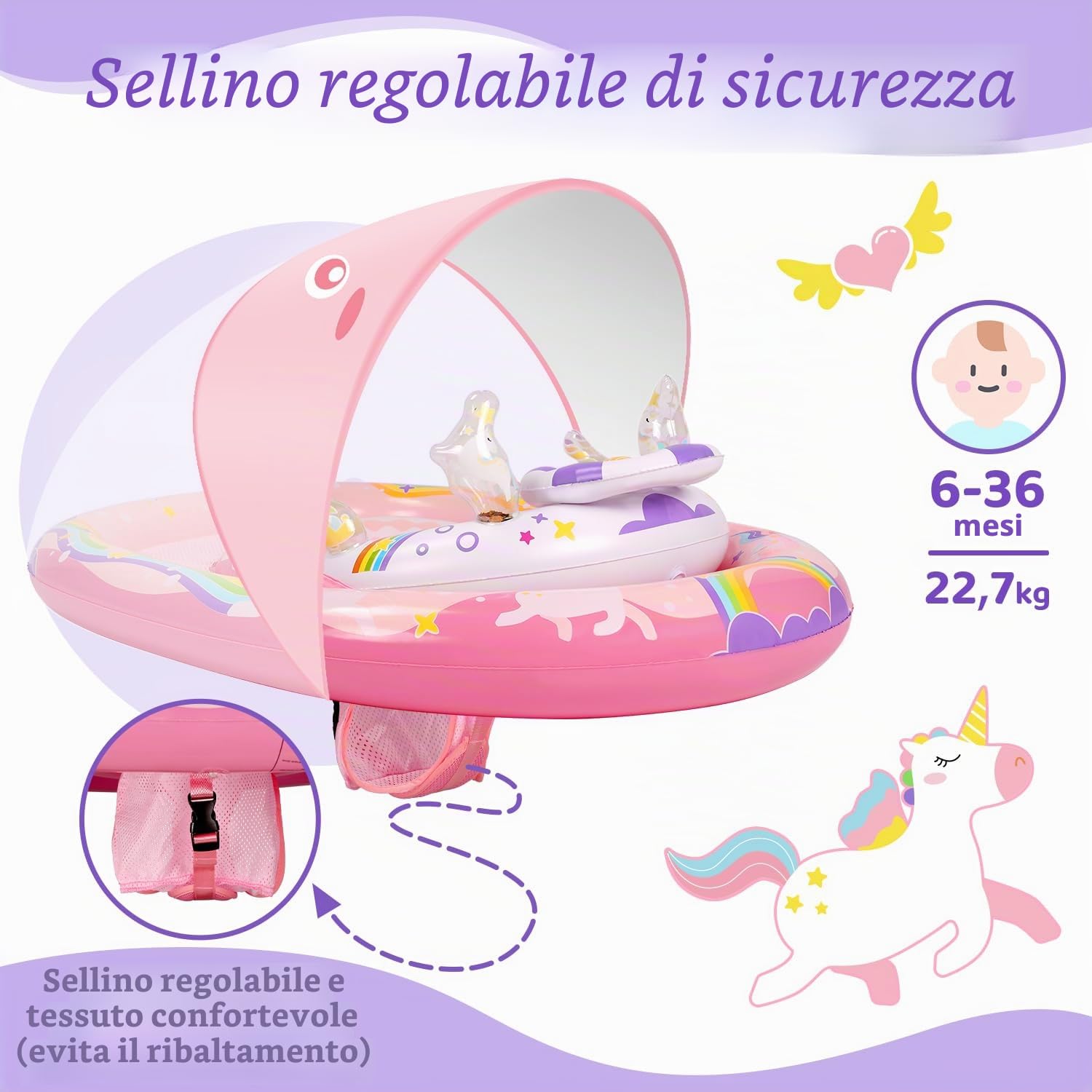 ACELIFE Anello galleggiante per bambini con tettuccio parasole rimovibile e giocattolo, per bambini dai 6 mesi in su, con sedile di sicurezza regolabile, per bambini da 6 a 36 mesi