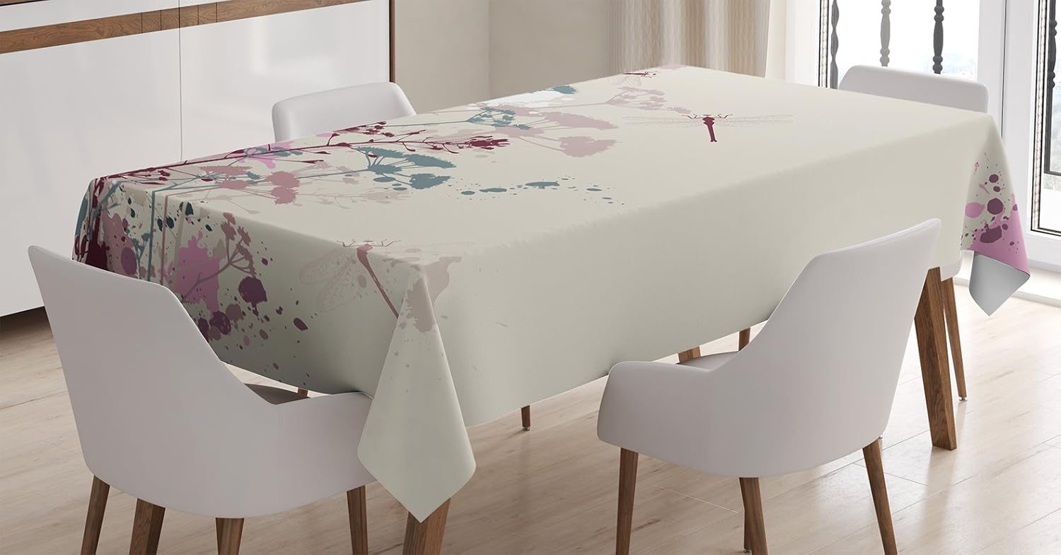 Ambesonne Dragonfly Tablecloth, Plants Petals with Dragonfly Soft Color Design with Grunge Effects Vintage Style, Rectangular Table Cover for Dining Room Kitchen Decor, 60" X 84", Grey Yellow 60" X 84" Grey Yellow