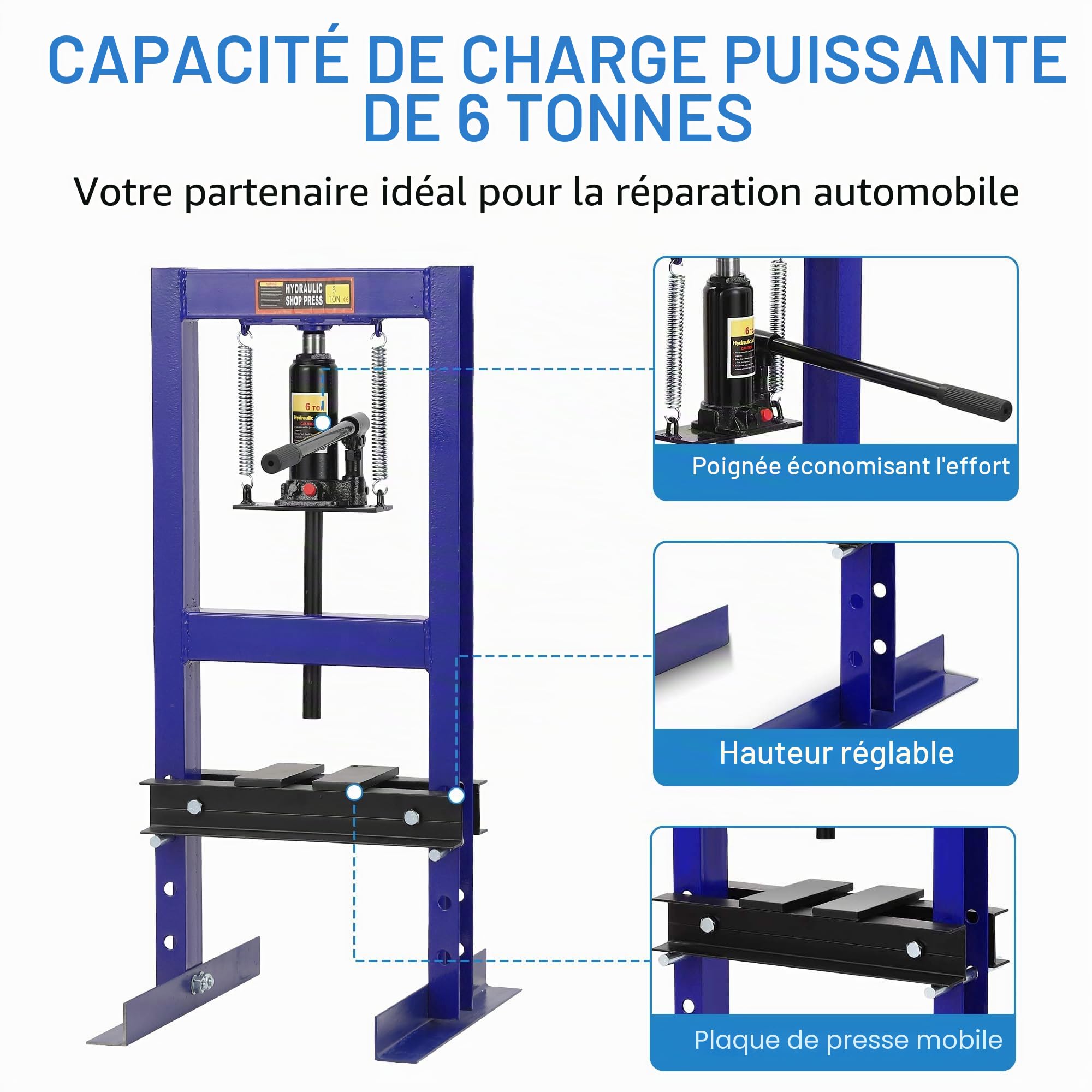 Garvee Presse Hydraulique 6 Tonnes Cadre H Robuste – Table Réglable & 2 Plaquettes – Pour Ébavurage, Redressage Métal & Réparations Auto