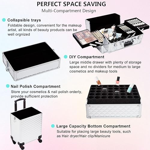 Miniatura 6 de AROUS Maletín de tren de maquillaje rodante, carrito de cosméticos de gran capacidad, 4 en 1, estuche de viaje de maquillaje con ruedas giratorias