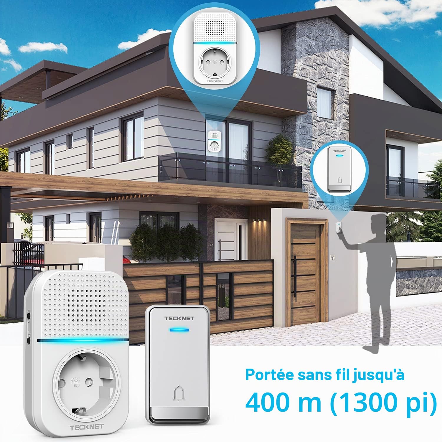Sonnette Sans Fil, TECKNET 400m Sonnette de Porte IP65 Étanche Carillon Electronique, Sonnette de Porte avec Fonction de Charge et Lumière LED, 60 Mélodies au 5 Niveaux Volumes
