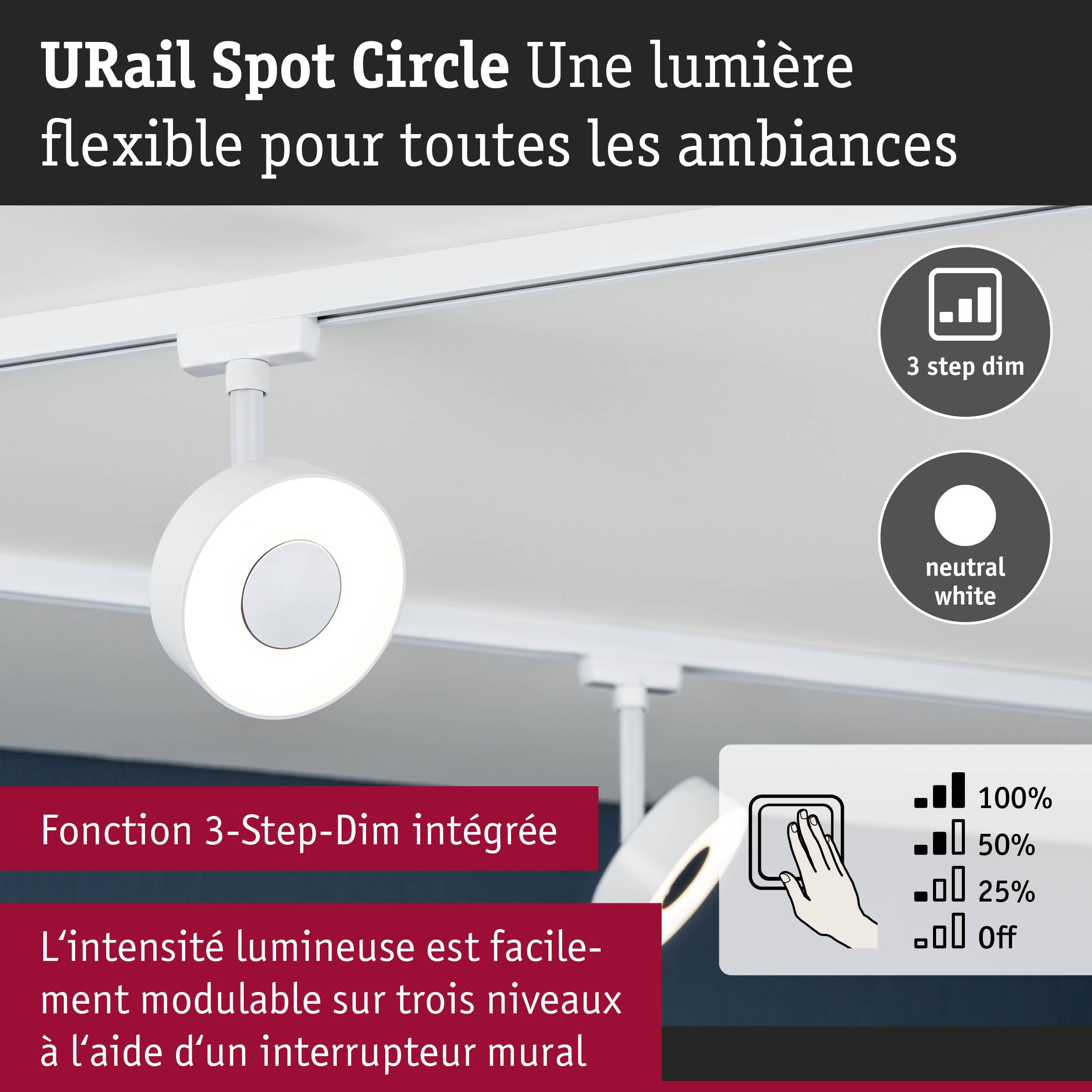 Paulmann 95704 URail Spot sur rail LED 3-Step-Dim Circle Spot individuel 220lm 5W 4000K gradable 230V Blanc signal
