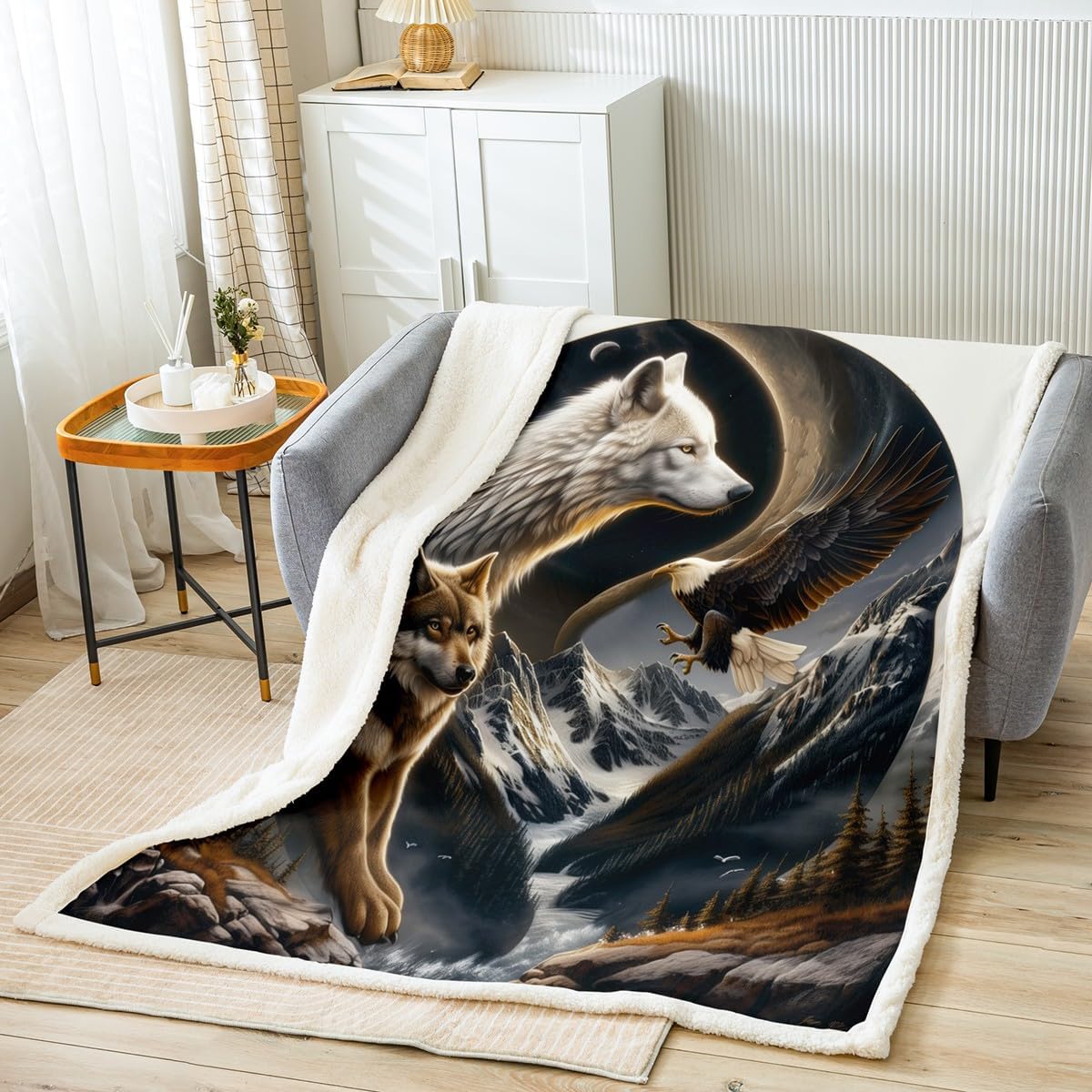 Wild Wolf Eagle Fleece Blanket,Jungle Wildlife Animal Rustic Plush Blanket for Kids Teens,Lovely Room Decor,3D Print Tai Chi Natural Mount Pine Trees Flannel Blanket,Twin 60"x80"