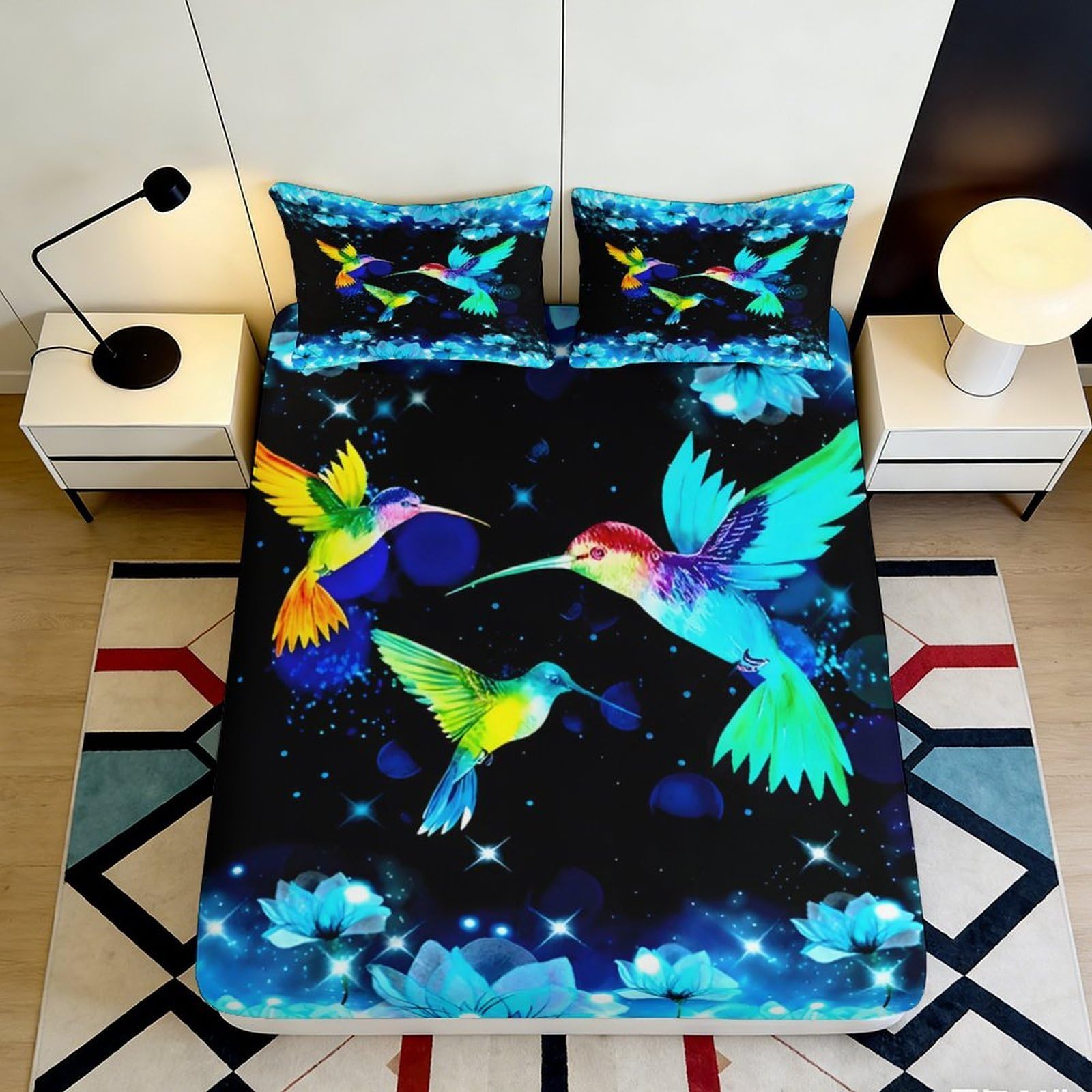 3D Printed Colorful Hummingbird Fitted Sheet Microfiber Vibrant Bird Bed Cover for Bedroom Guest Room Easy Care Decor 90x200x25cm