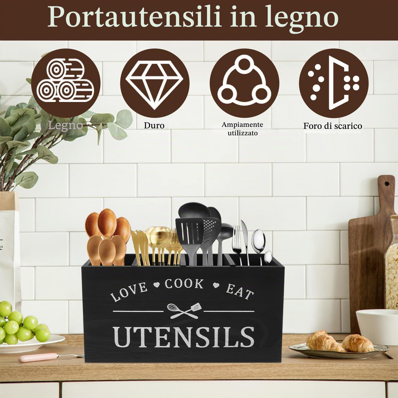 portautensili in legno rustico da cucina, organizer con 4 scomparti e fondo di drenaggio, organizer per posate, organizer per utensili da fattoria (nero)